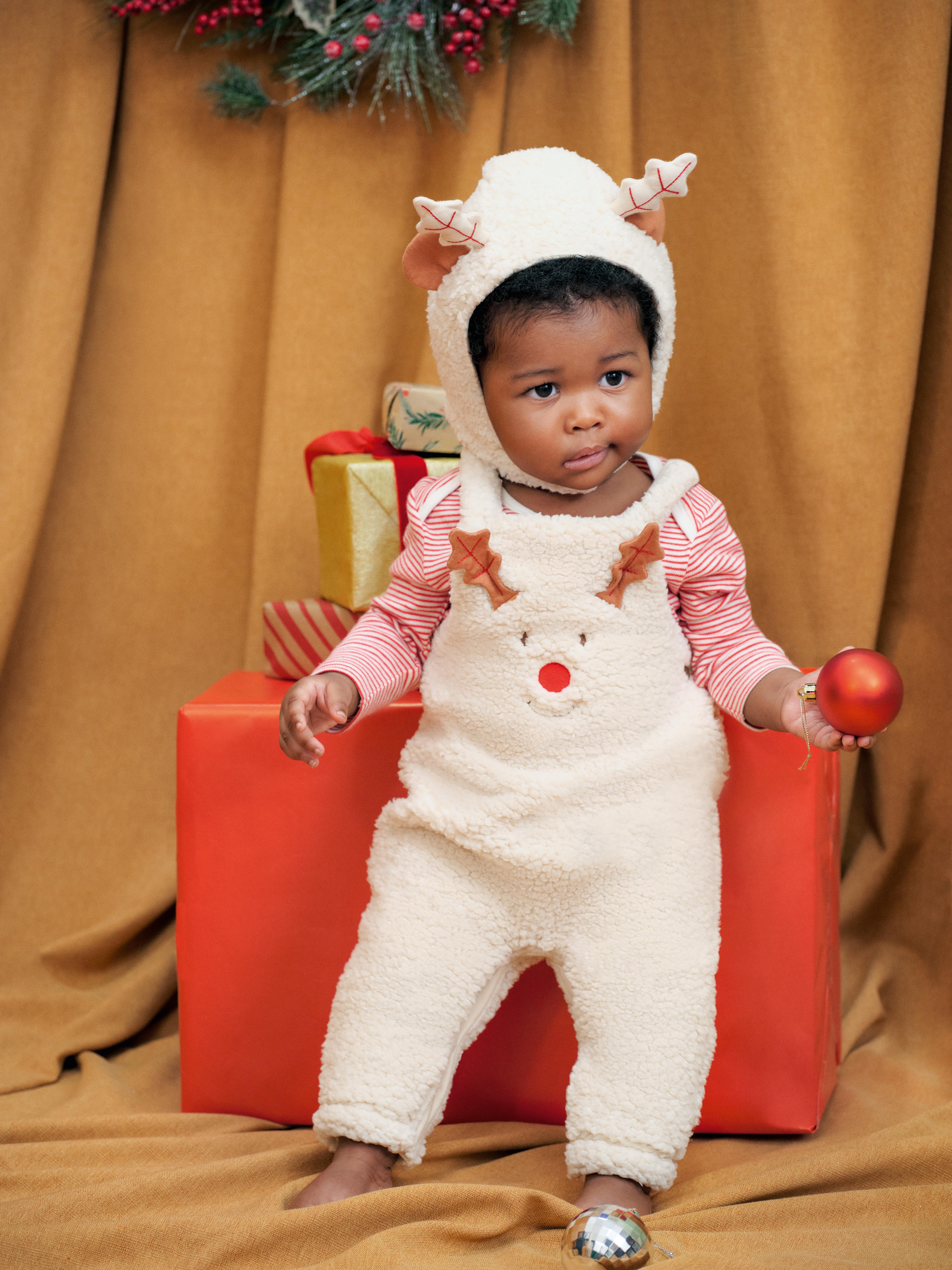 Christmas Reindeer Bodysuit, Overalls and Knit Hood Set