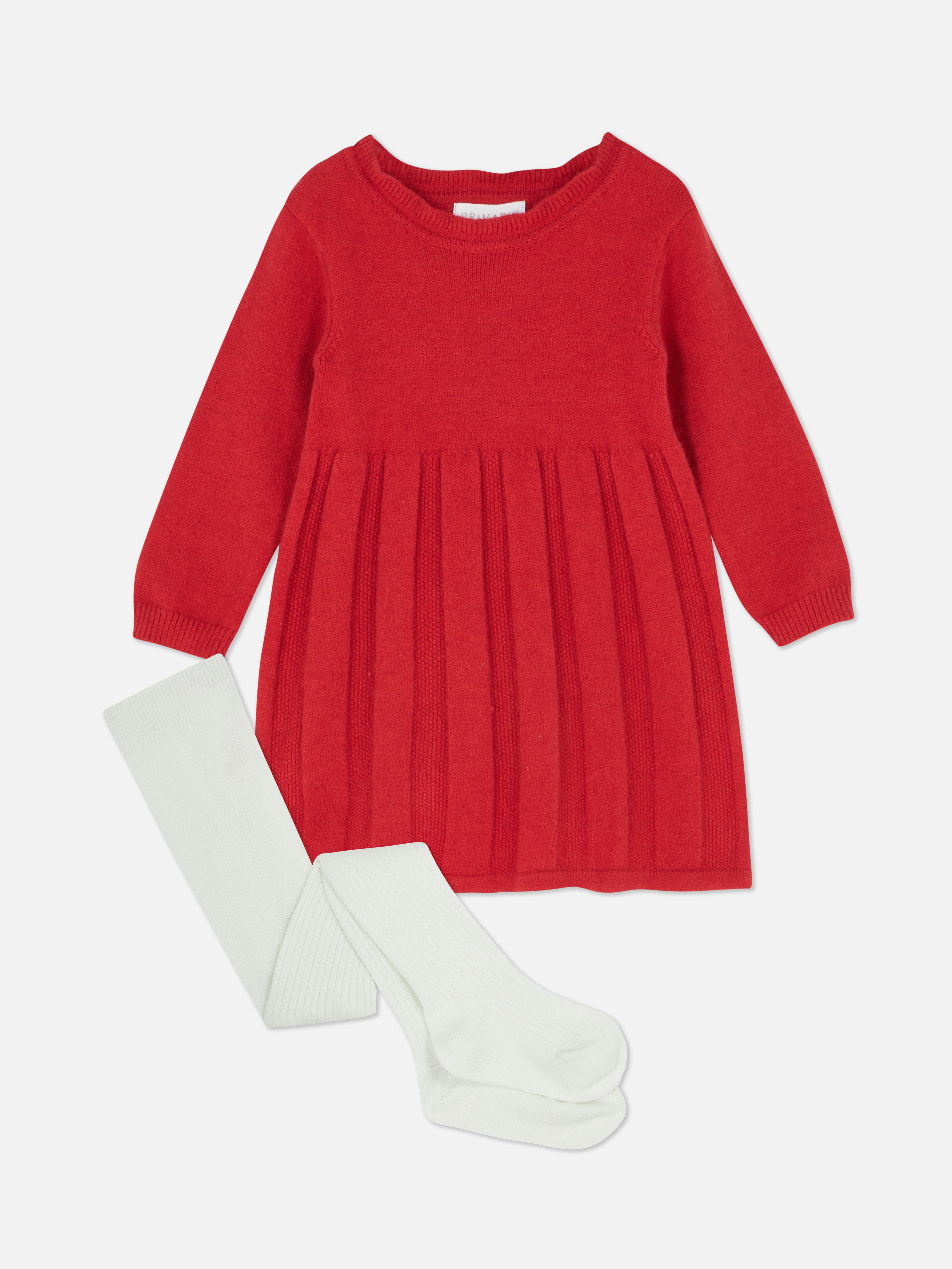 Pleated Long Sleeve Dress and Tights Set