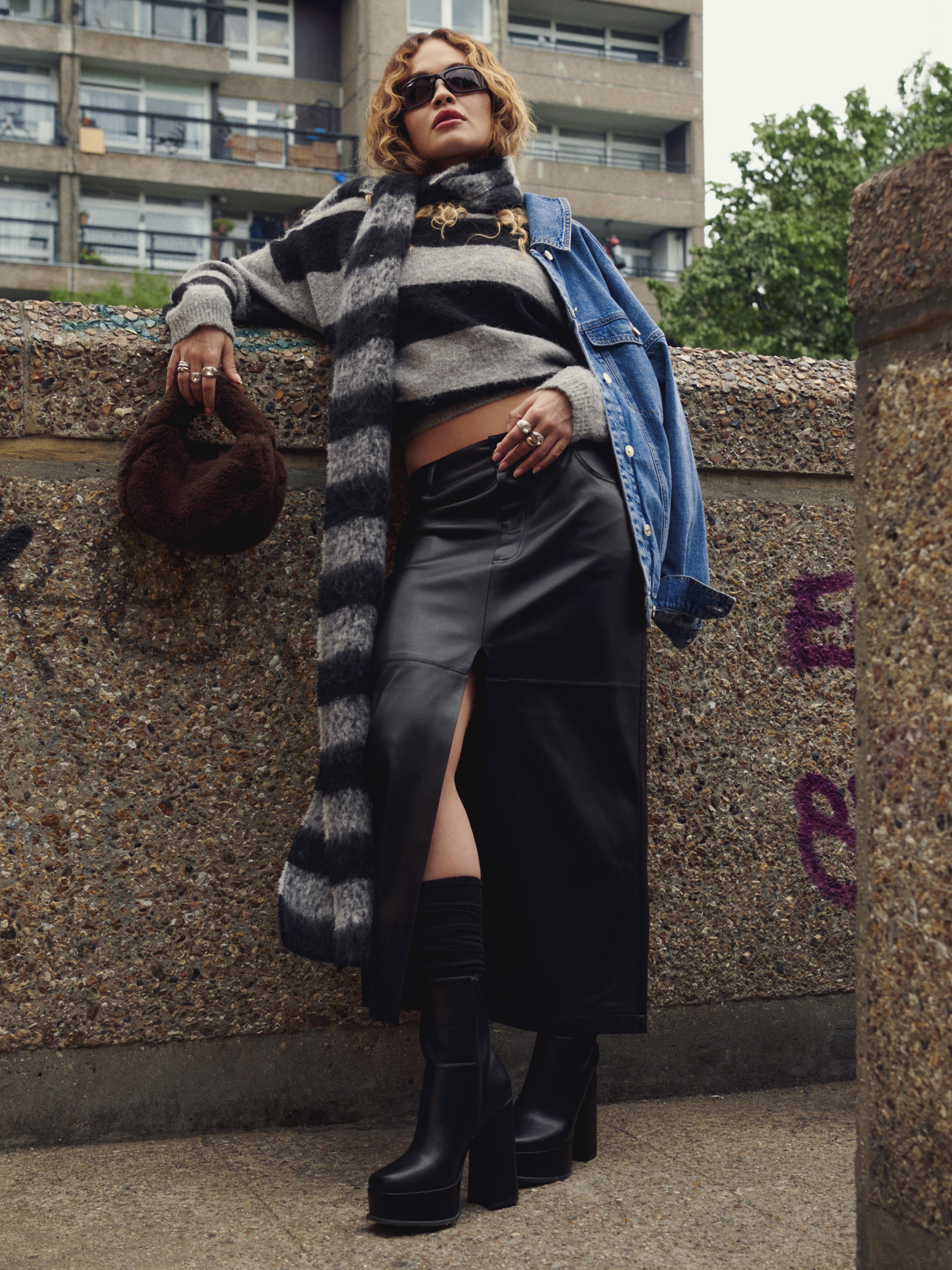 Rita Ora Faux Leather Midi Skirt