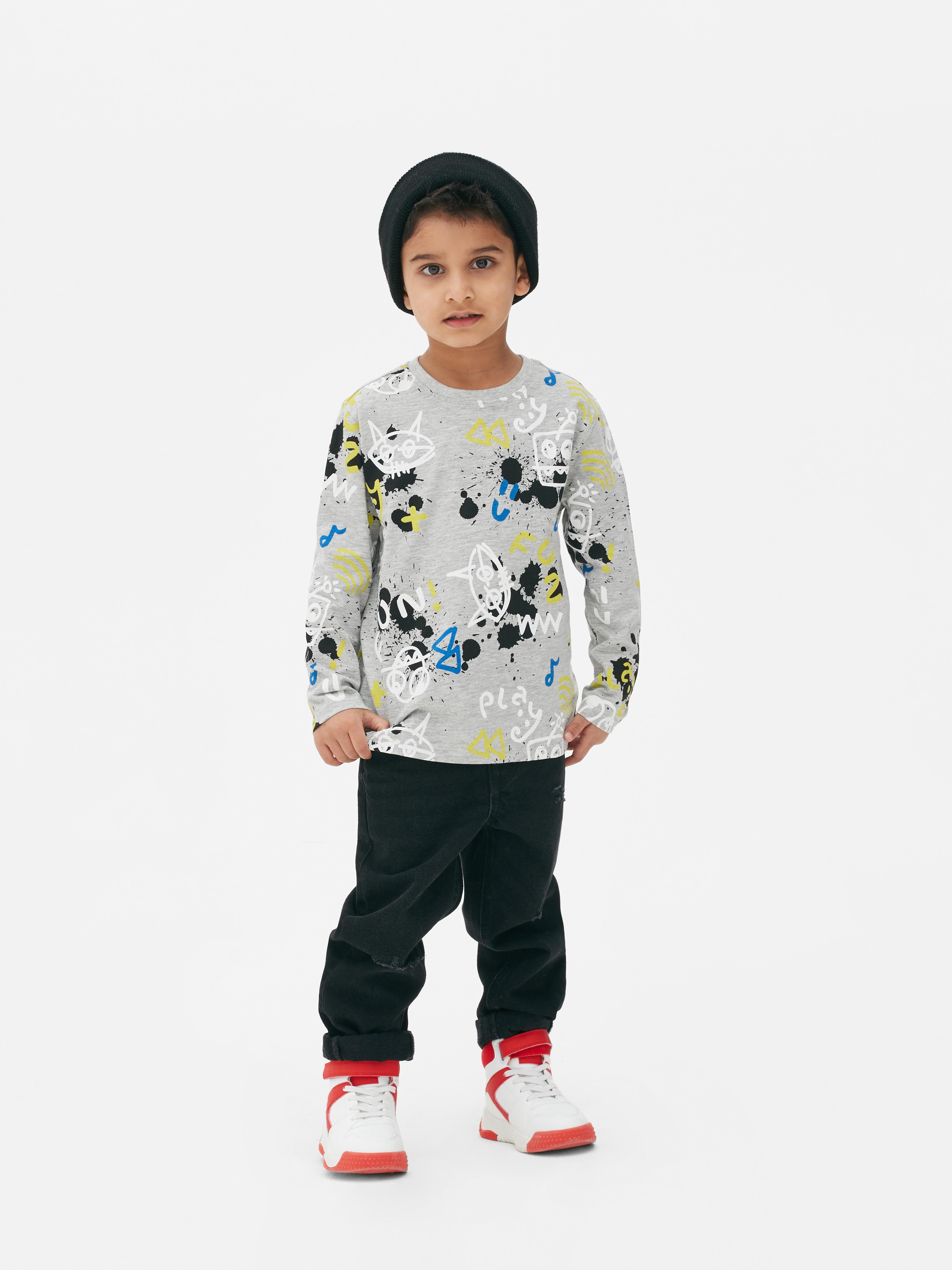 Boys Grey Marl Long Sleeve Dinosaur Print T-shirt