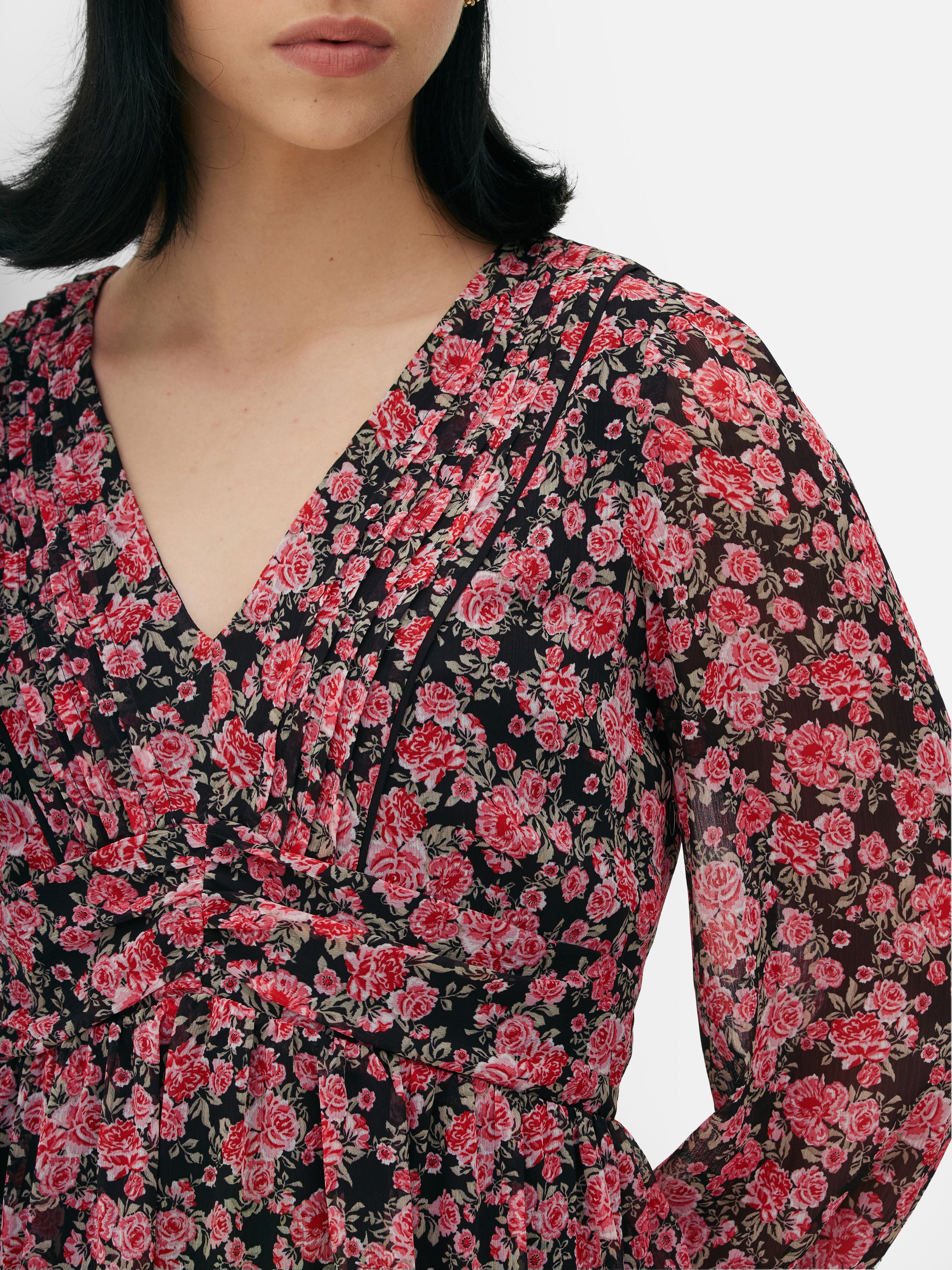 Rose Print Long Sleeve Mini Dress