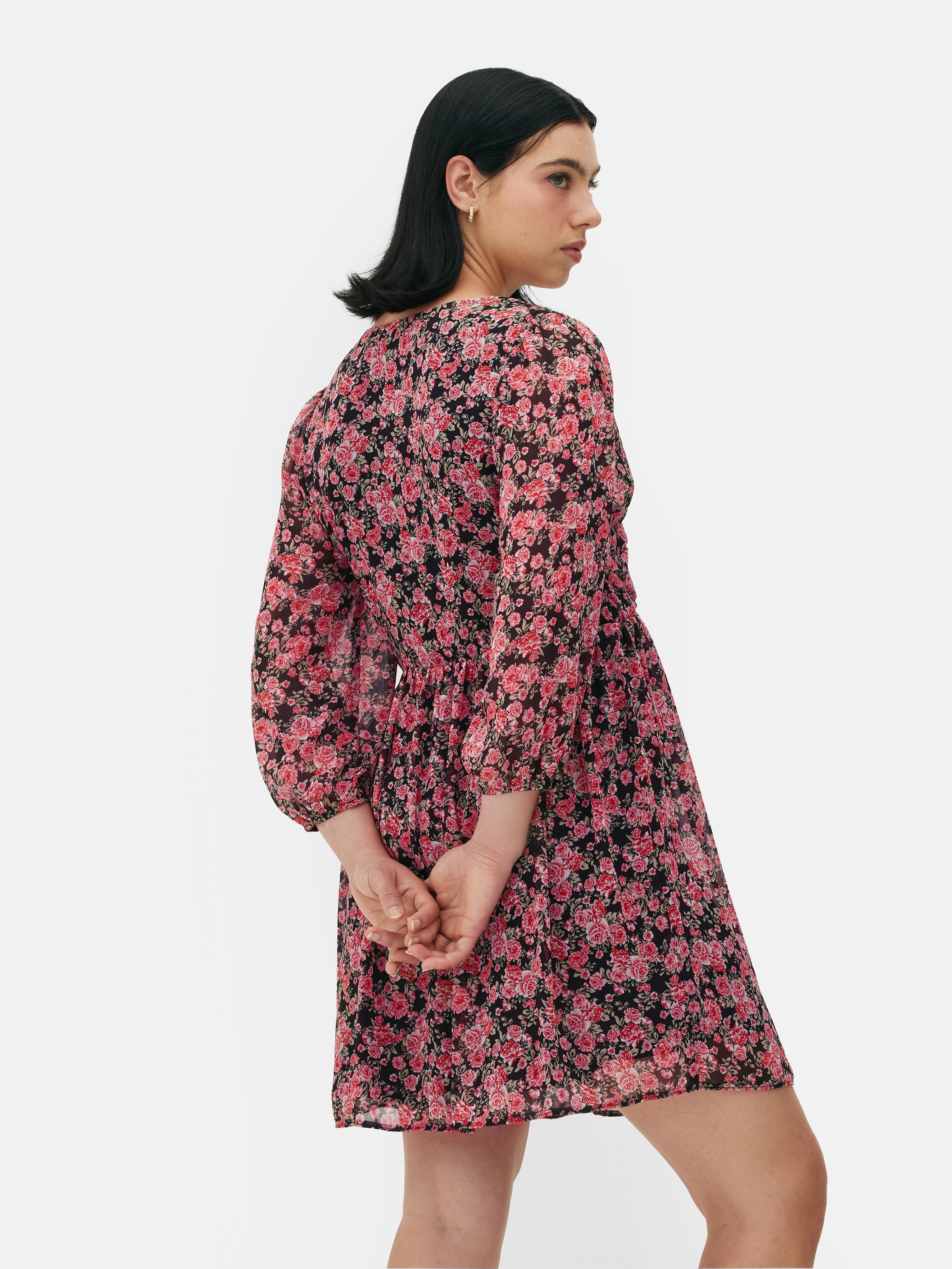 Rose Print Long Sleeve Mini Dress
