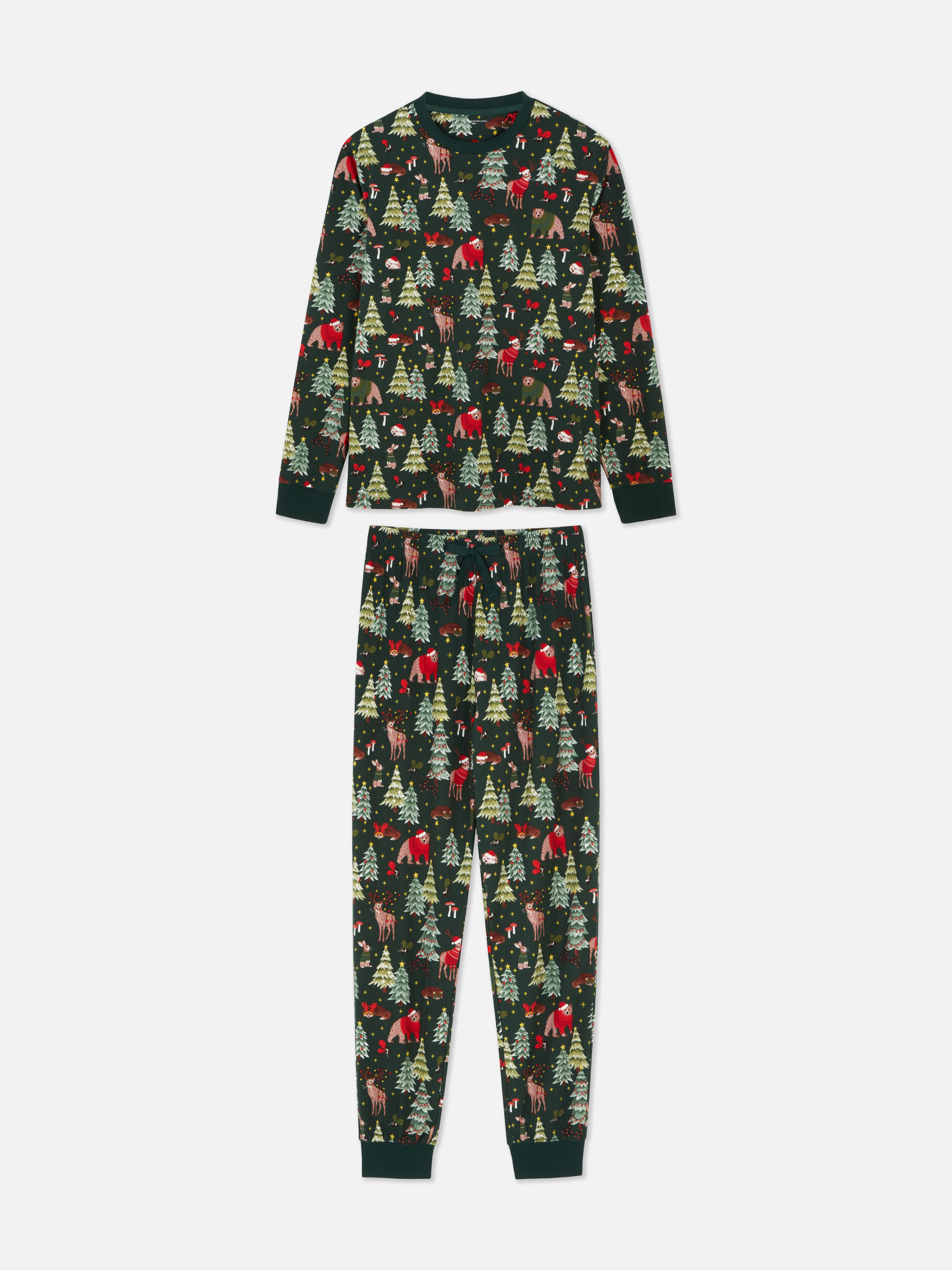 Weihnachtsschlafanzug mit Wald-Print für Herren