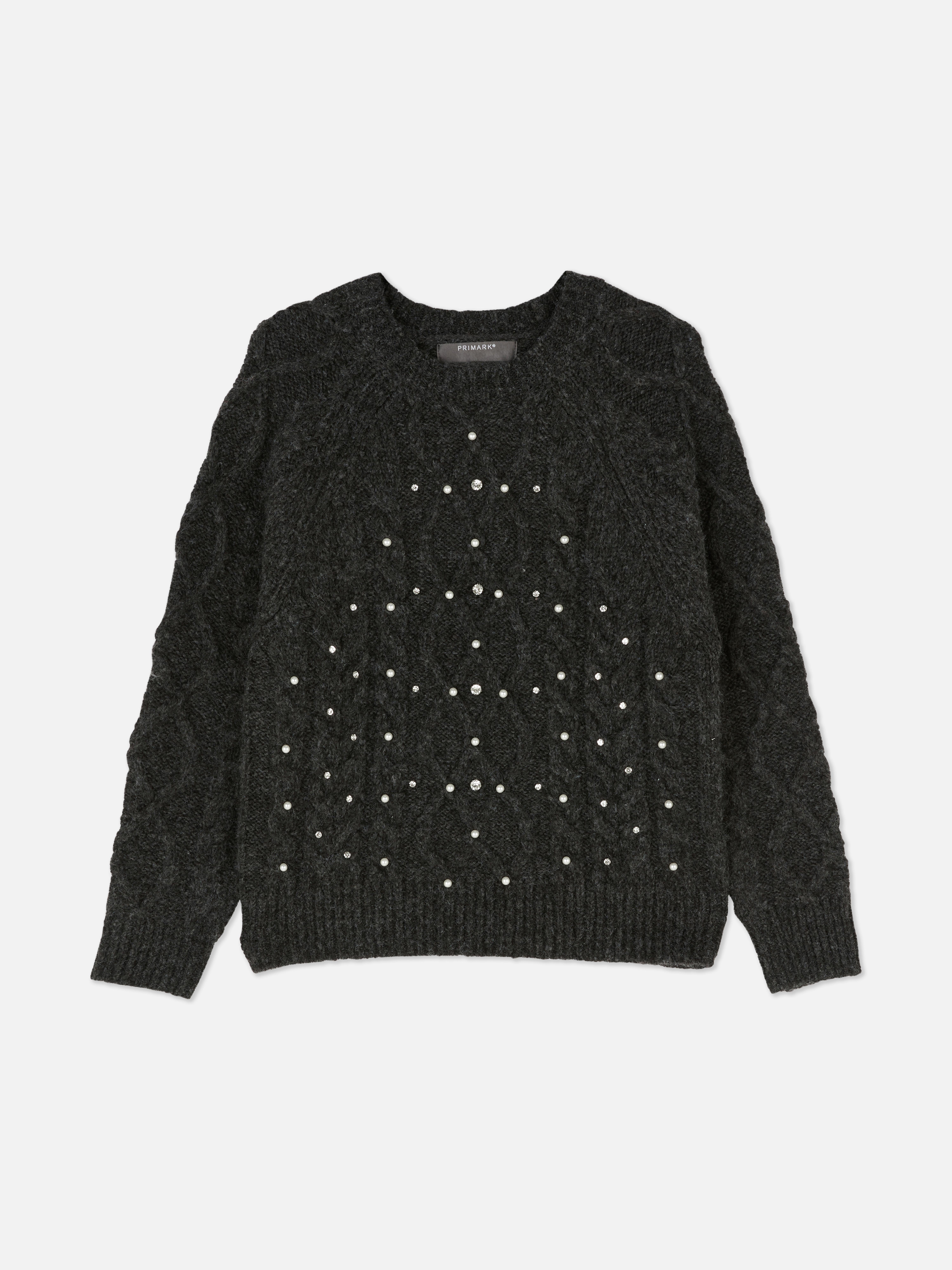 Pullover mit Zopfmuster und Kunstperlen