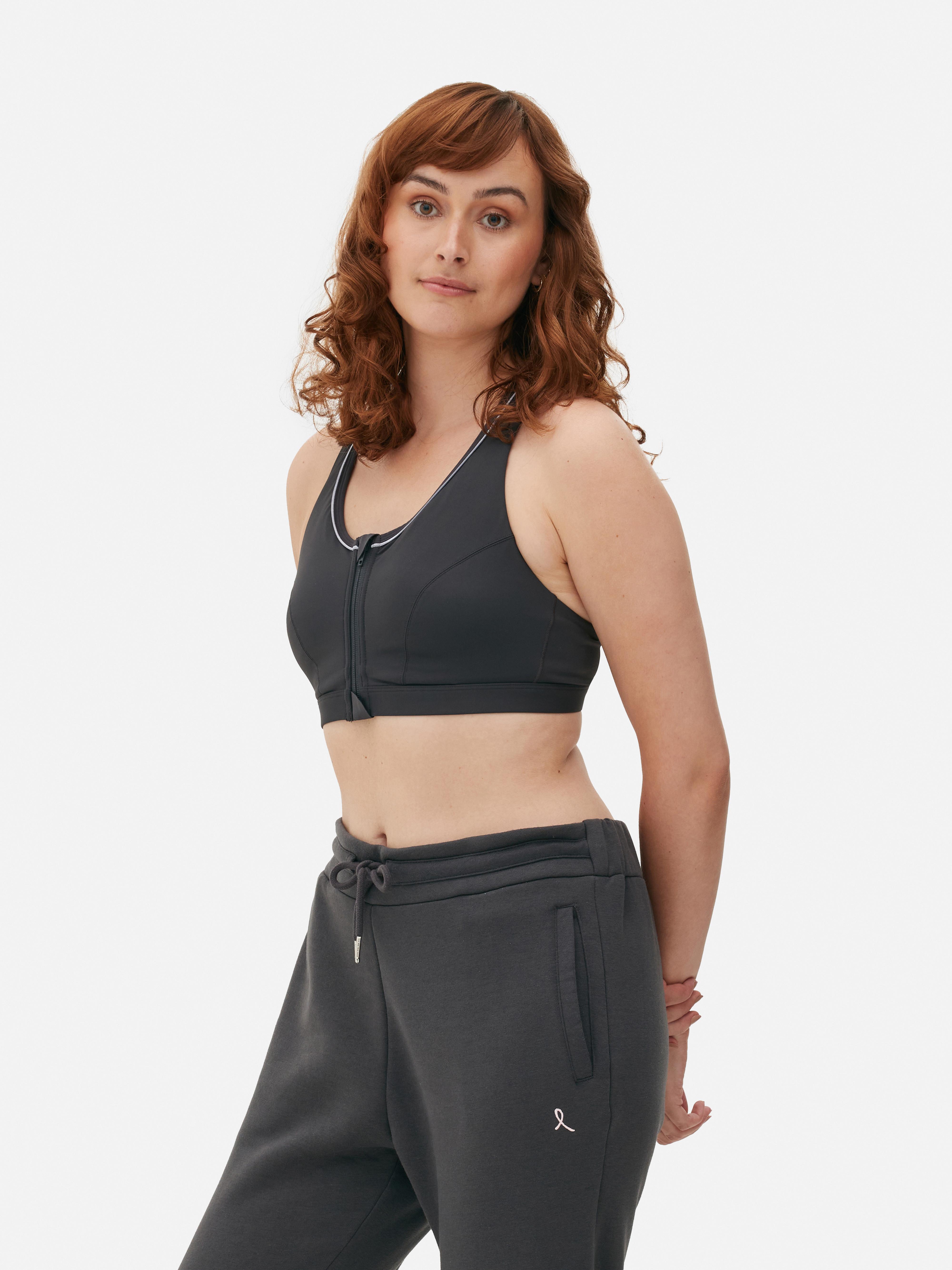 Womens Charcoal Post-Surgery Zip Front Sports Bra