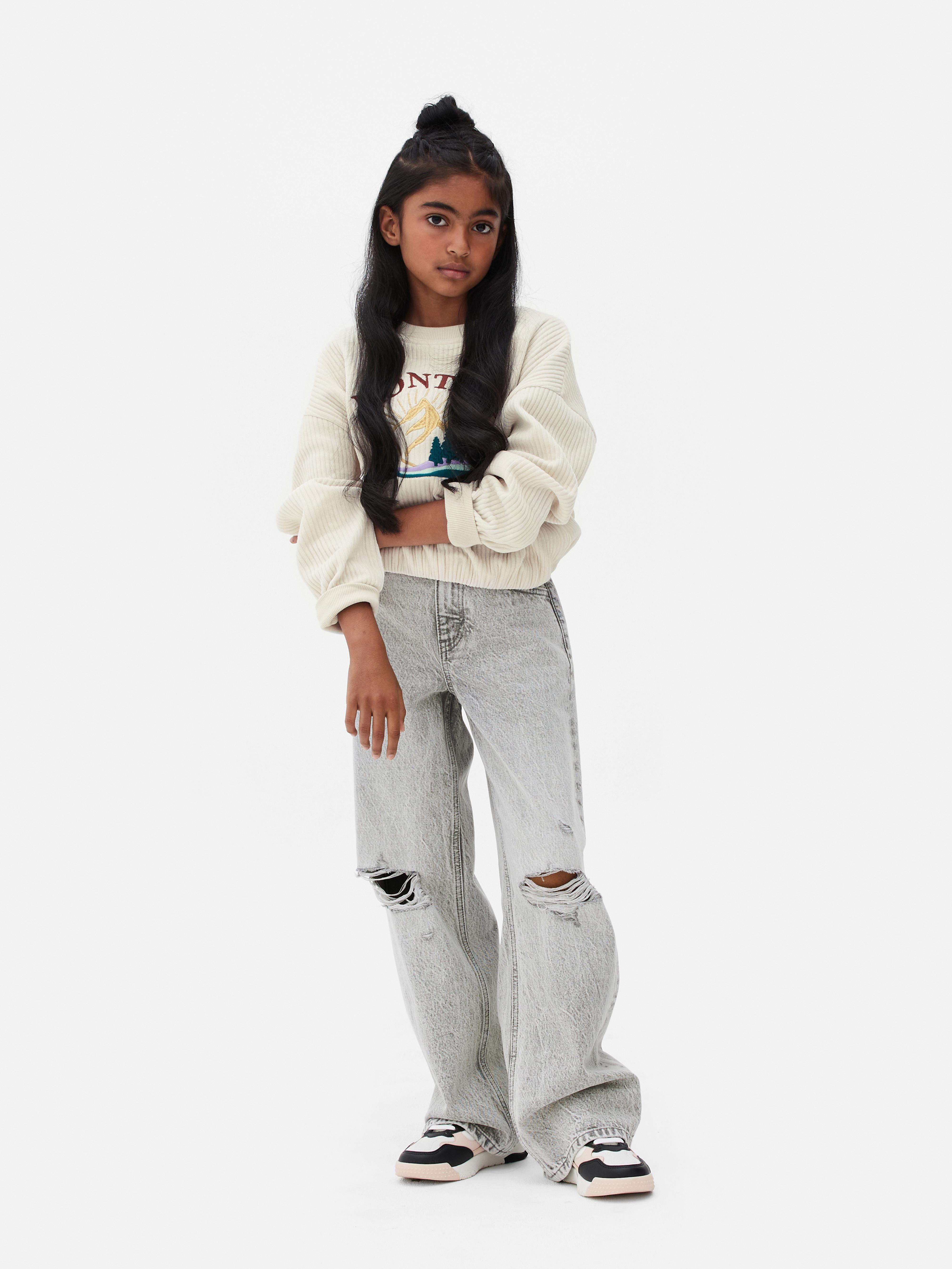 Girls Grey Distressed Wide Leg Denim Jeans | Primark