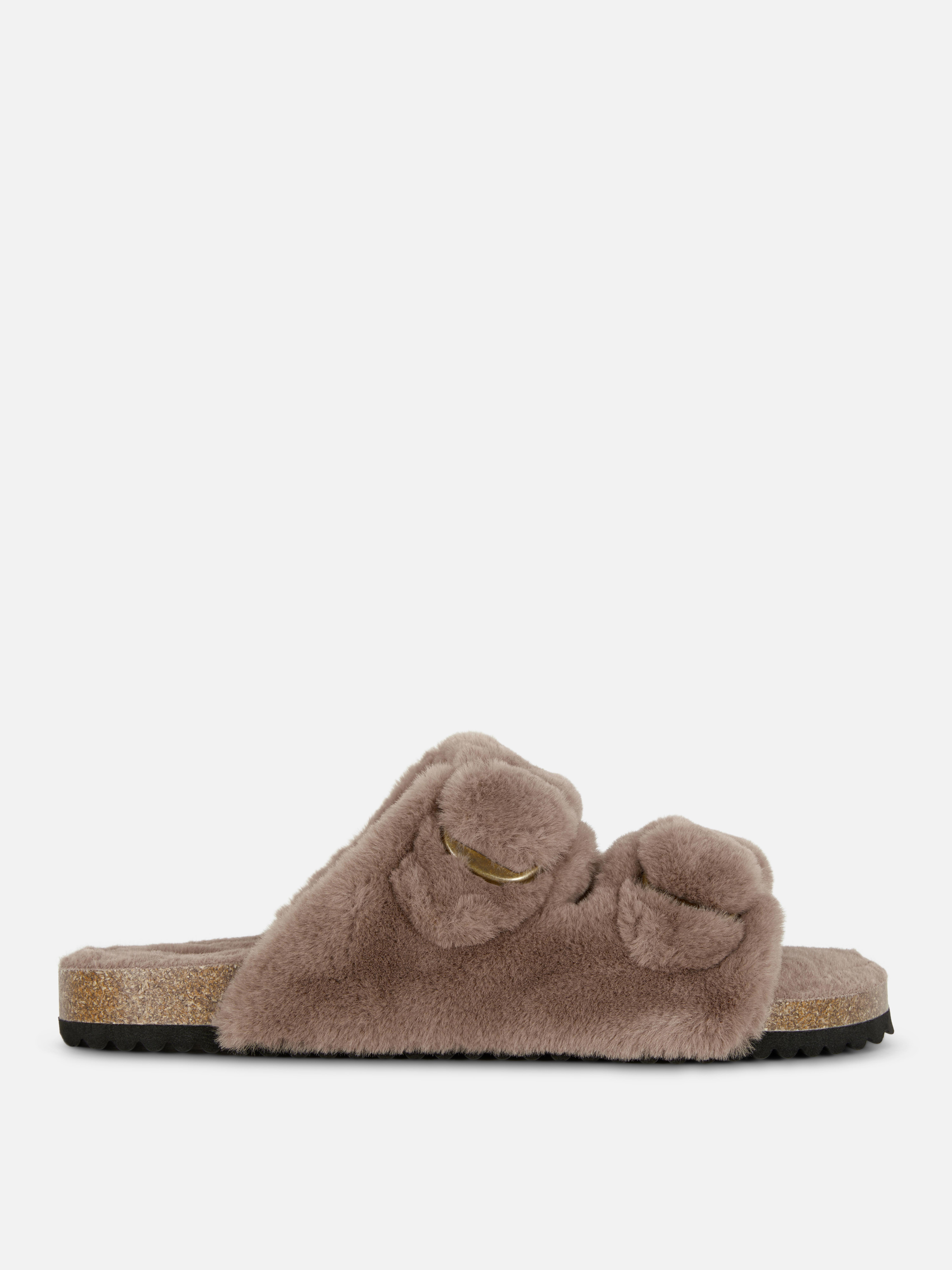 Faux Fur Two Strap Slippers