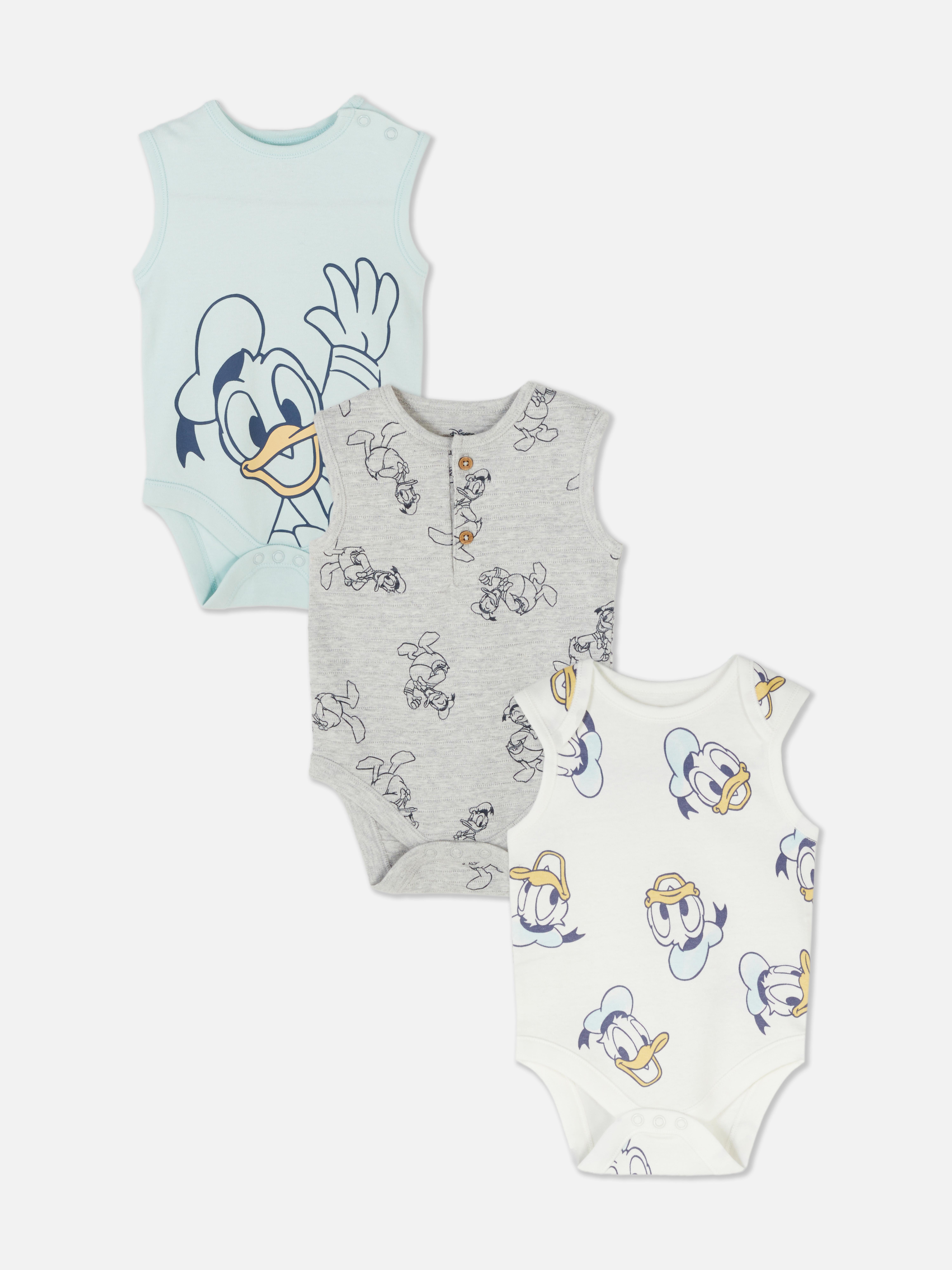 Newborn Baby Boys Blue 3pk Disney’s Donald Duck Sleeveless Bodysuits
