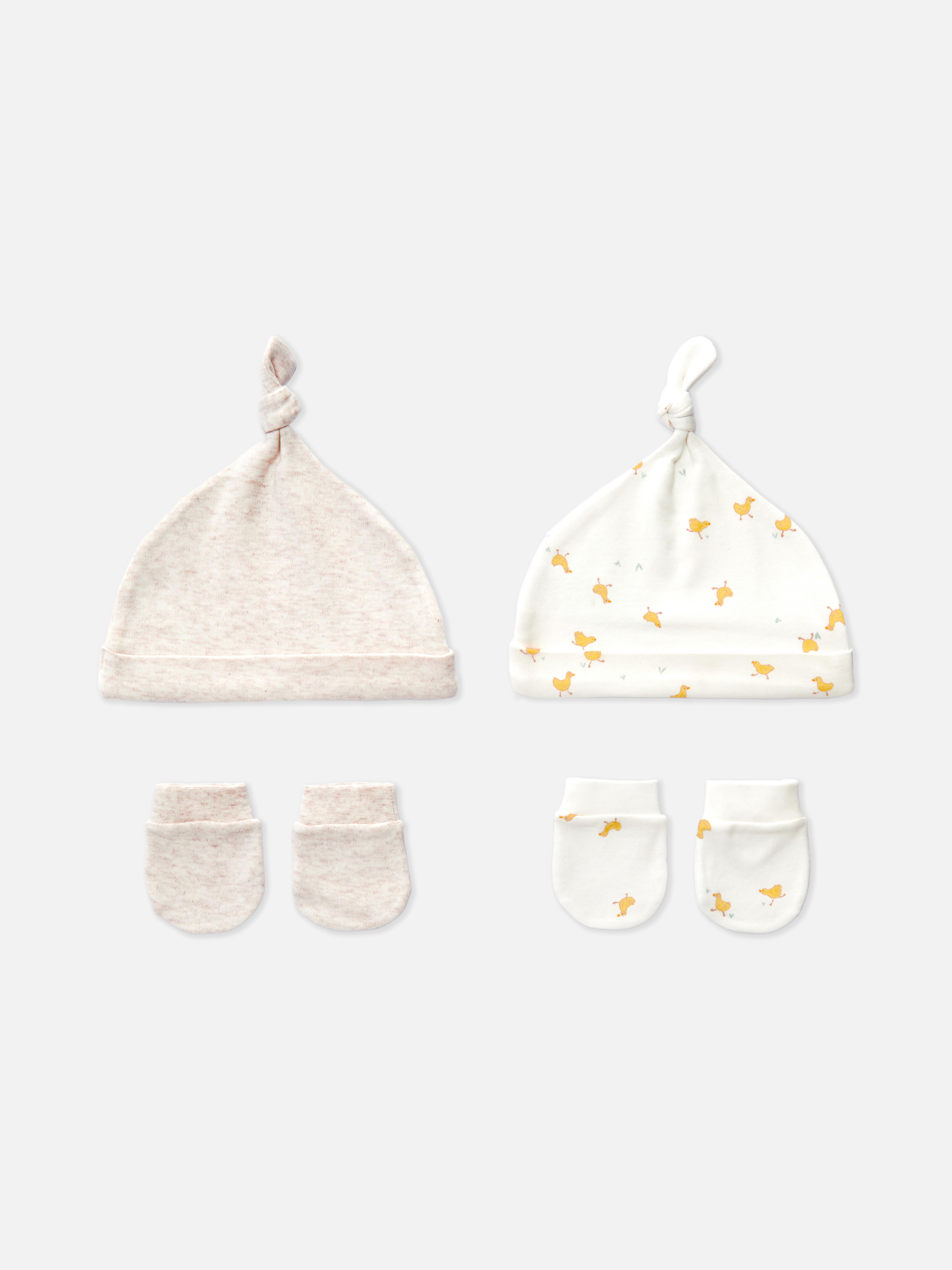 2pk Chick Print Hat and Mittens Set