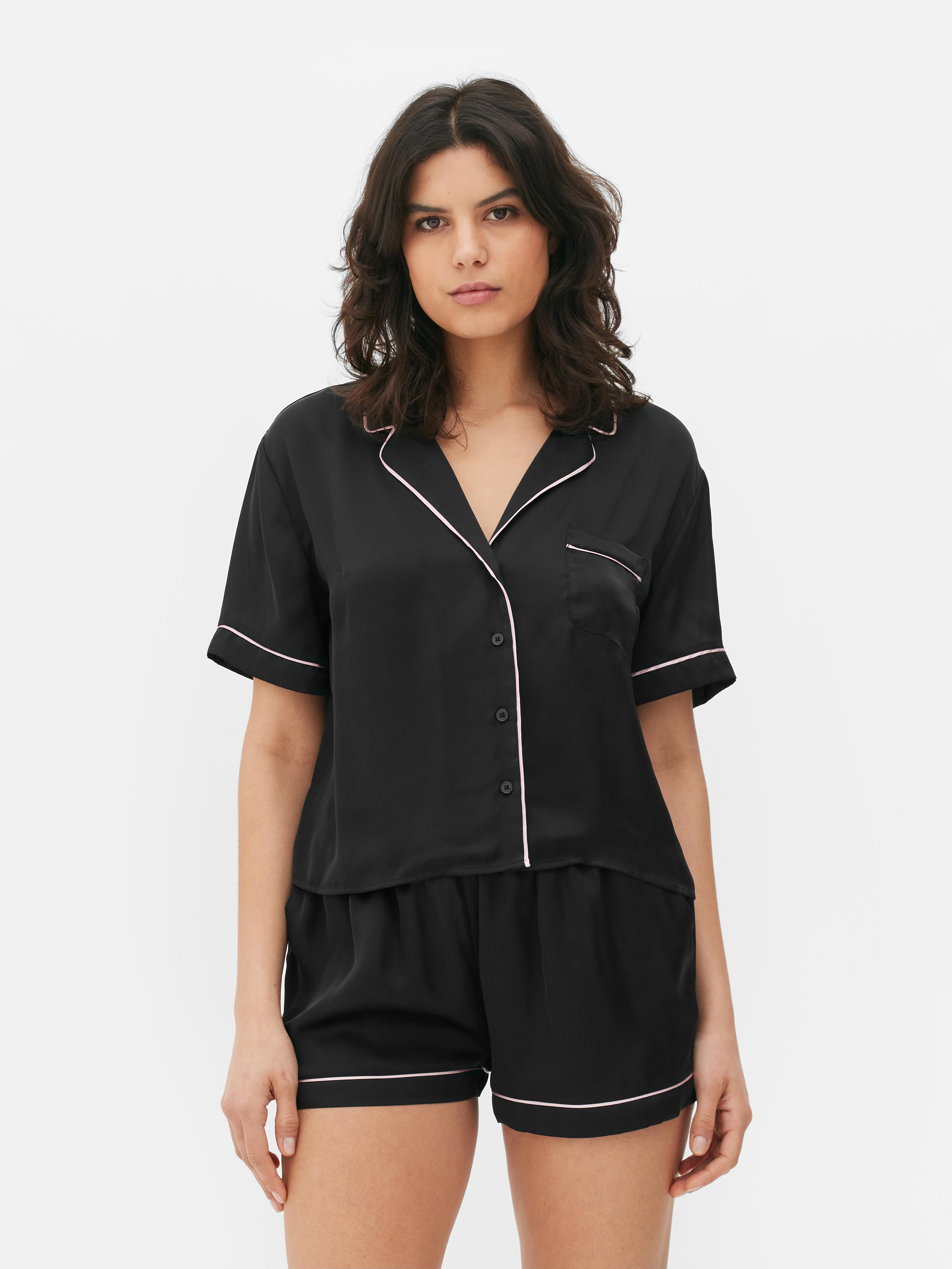 Womens Black Contrast Piping Satin Short Pyjamas Primark