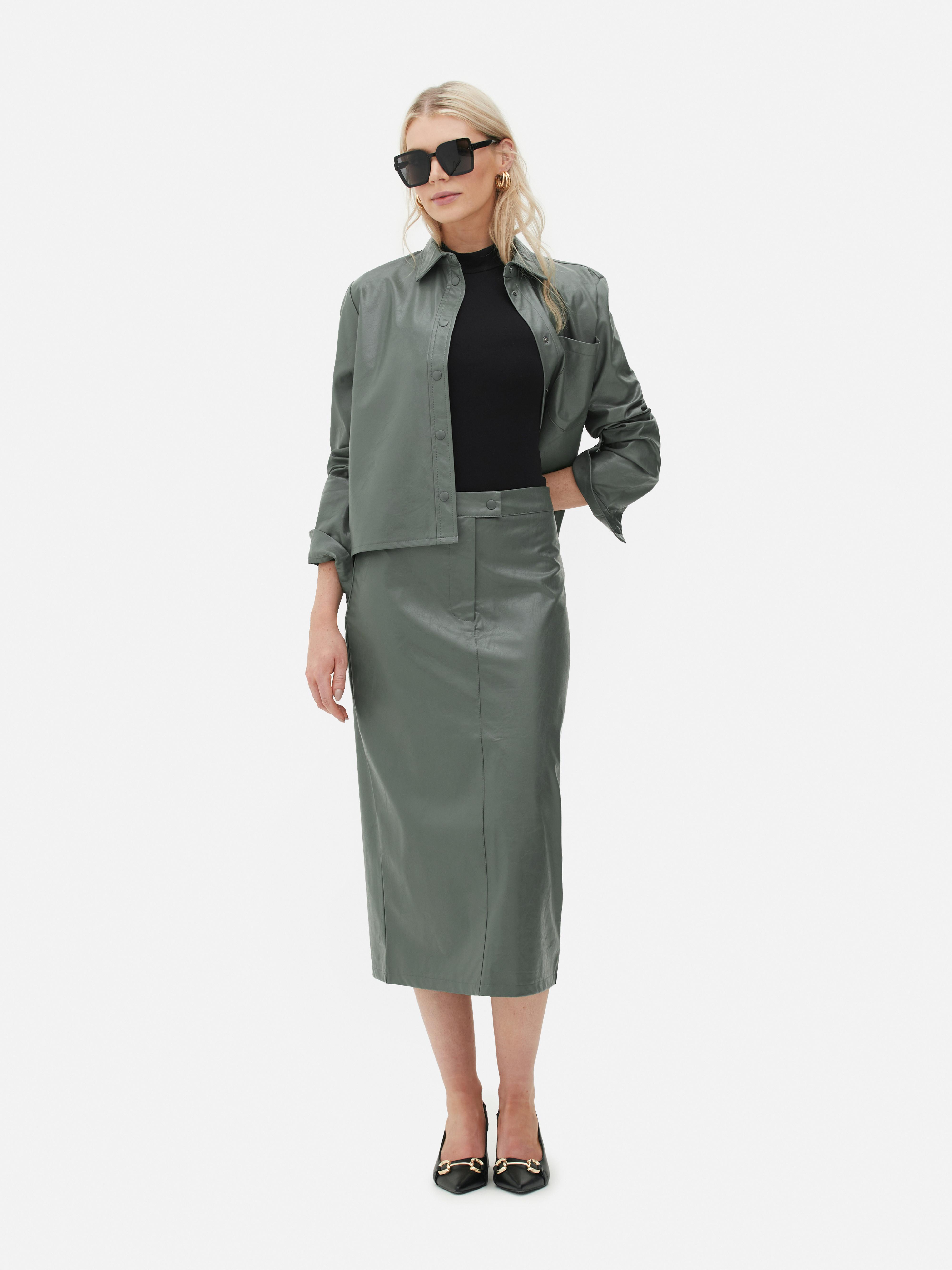 Green leather 2025 midi pencil skirt