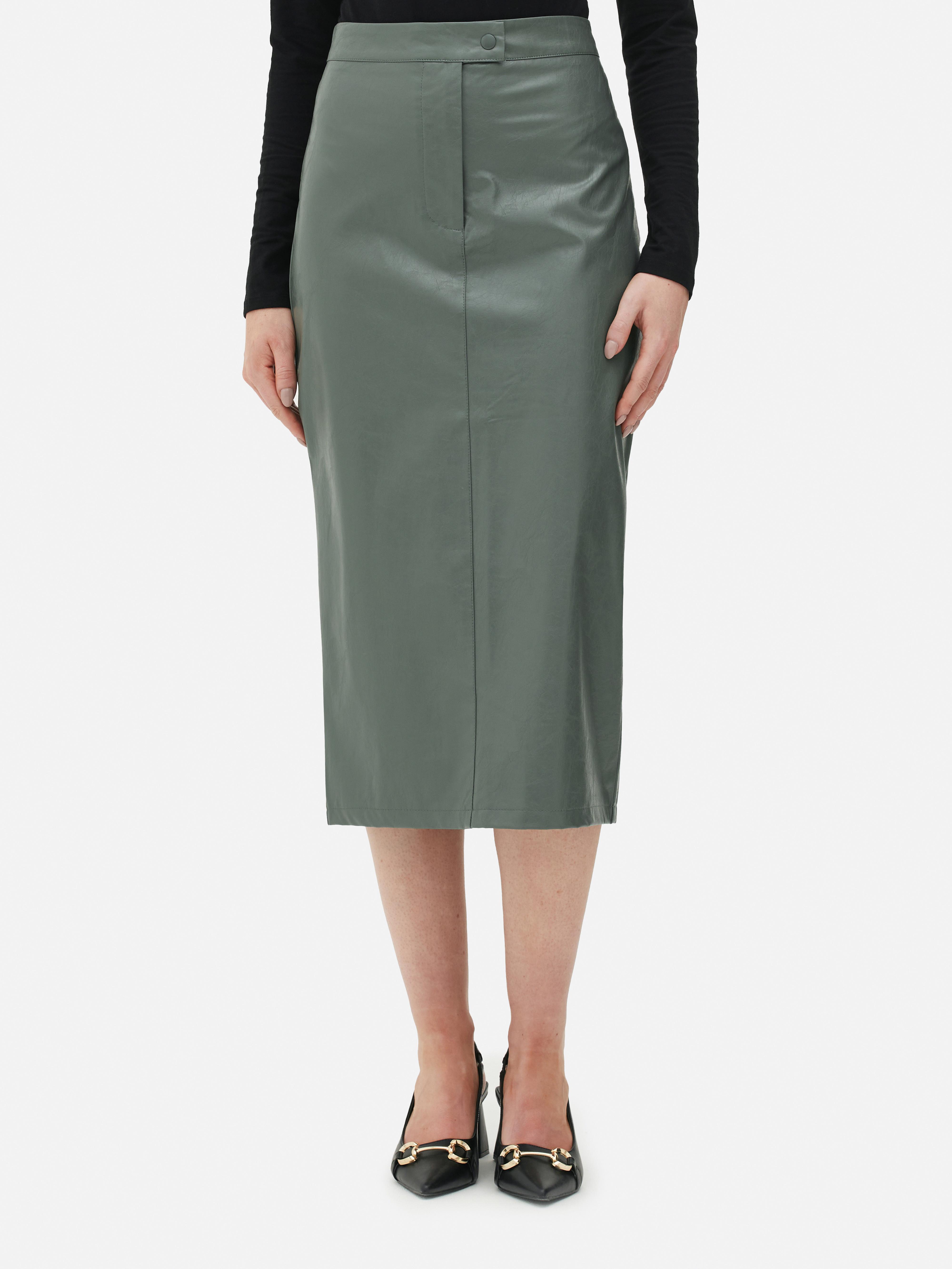 Faux leather 2025 midi skirt green