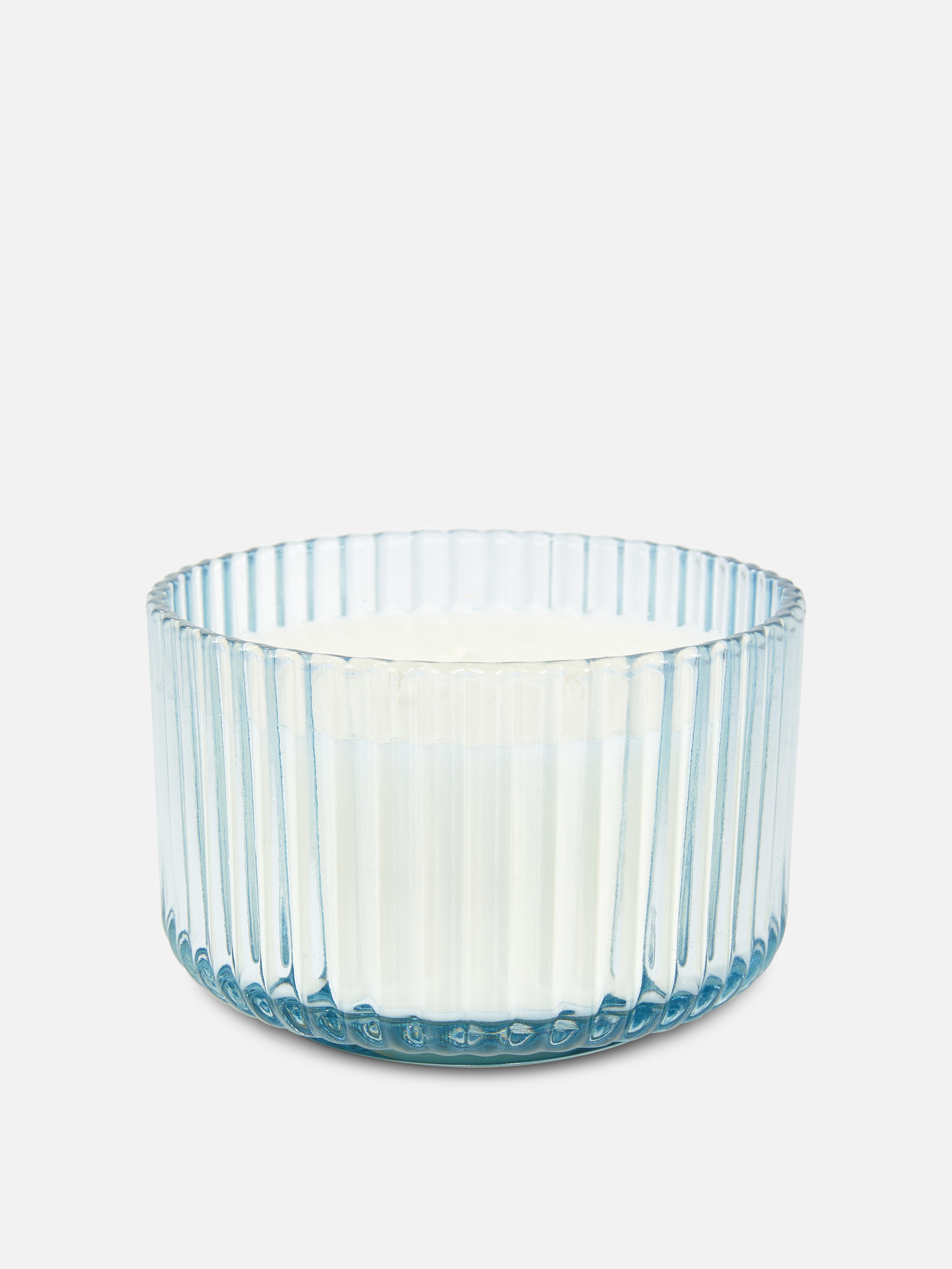 Three Wick Candle In Fluted Glass Blue