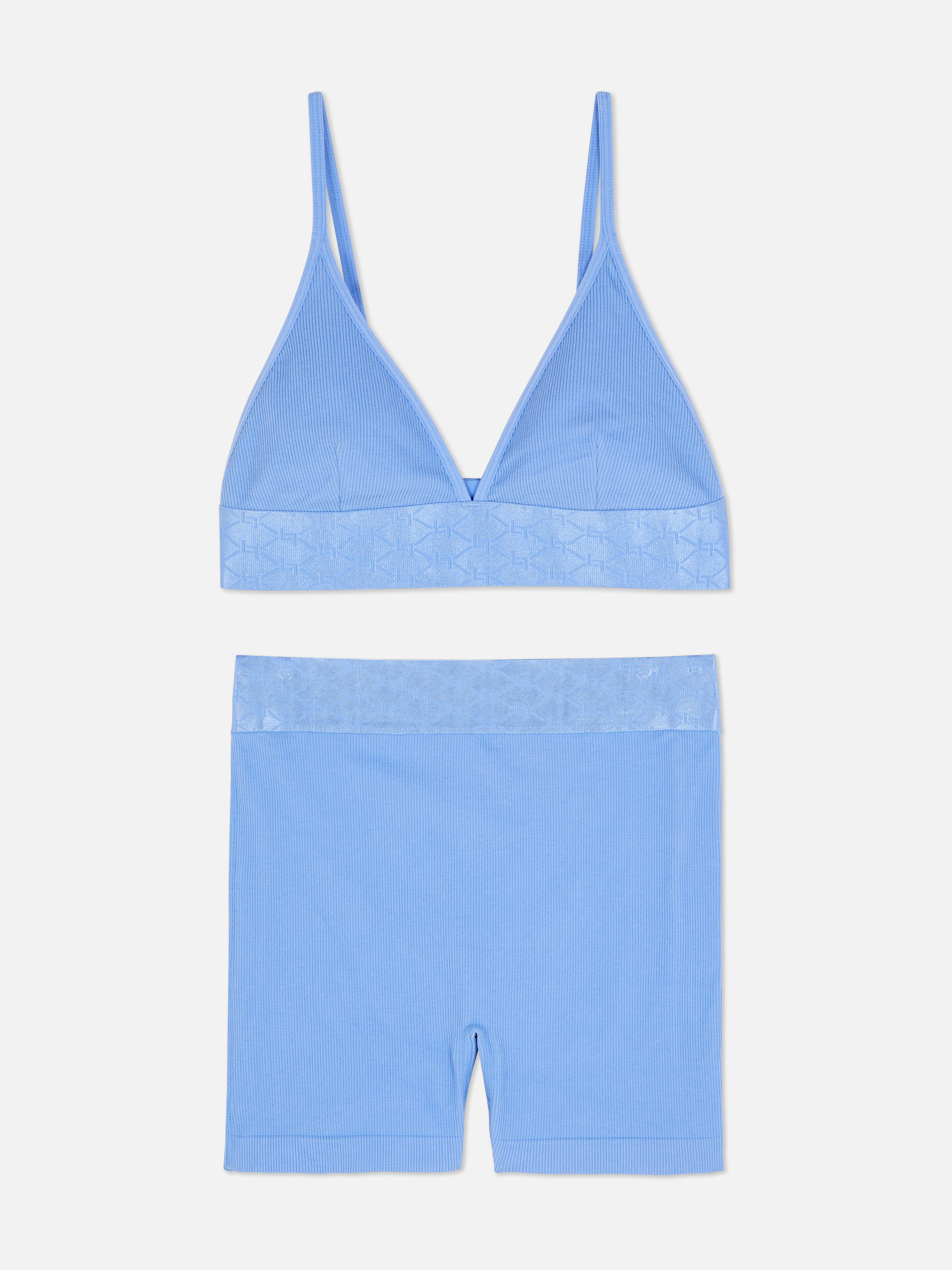 Womens Blue Seamless Bralette And Boxer Ribbed Set
