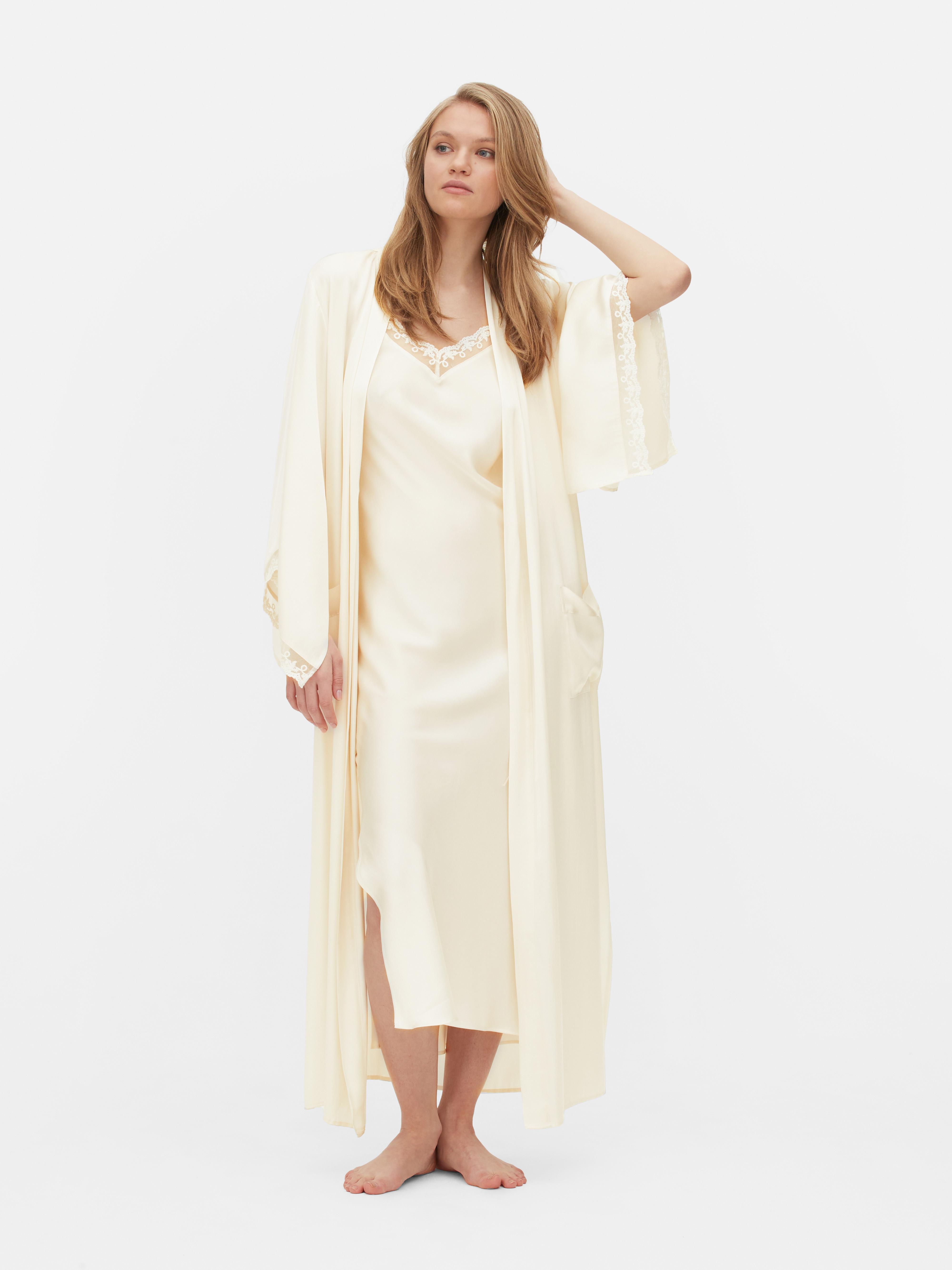 Bridal Lace Trim Satin Midi Robe