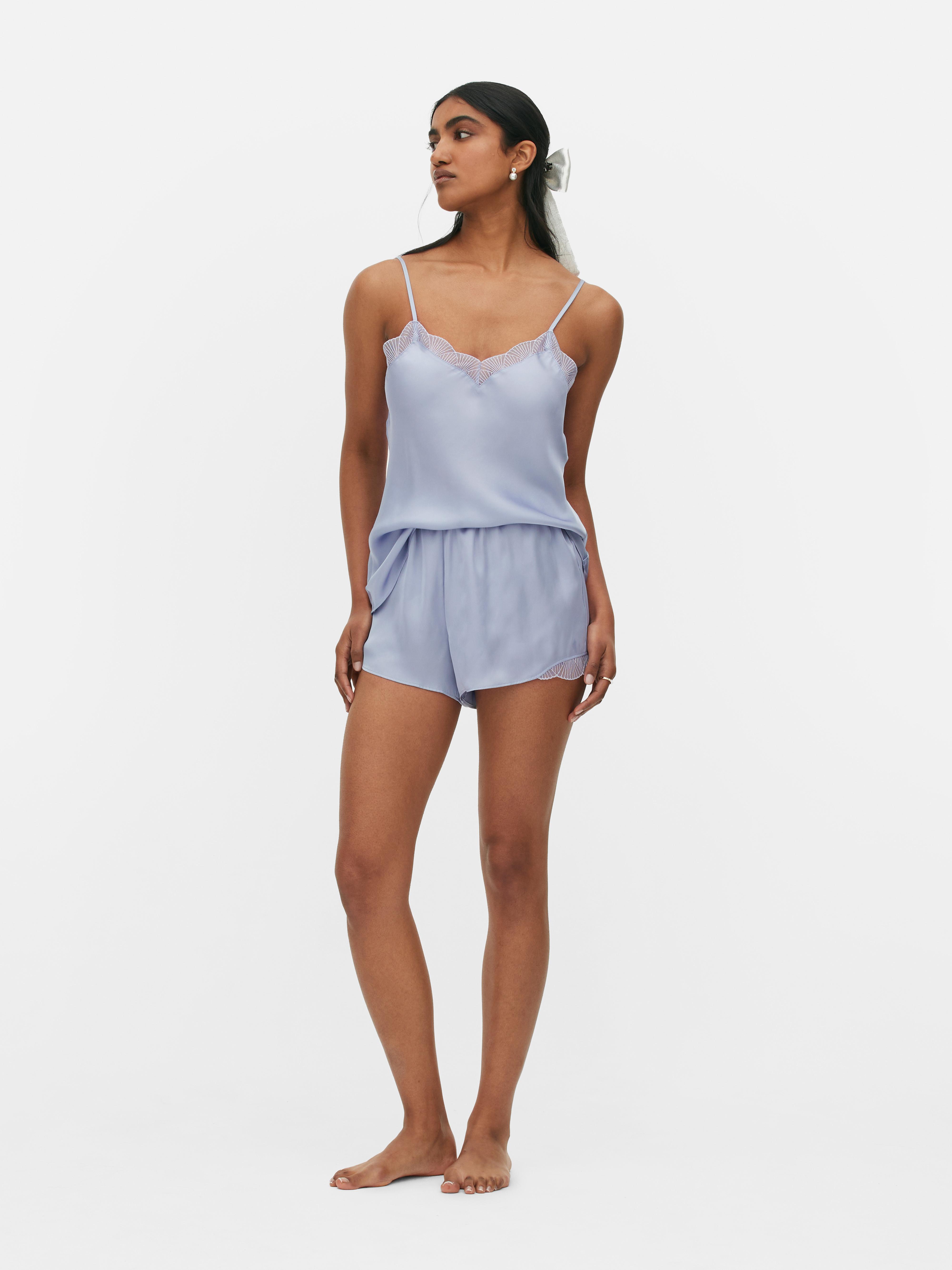 Women's Blue Lace Trim Satin Pajama Shorts | Primark