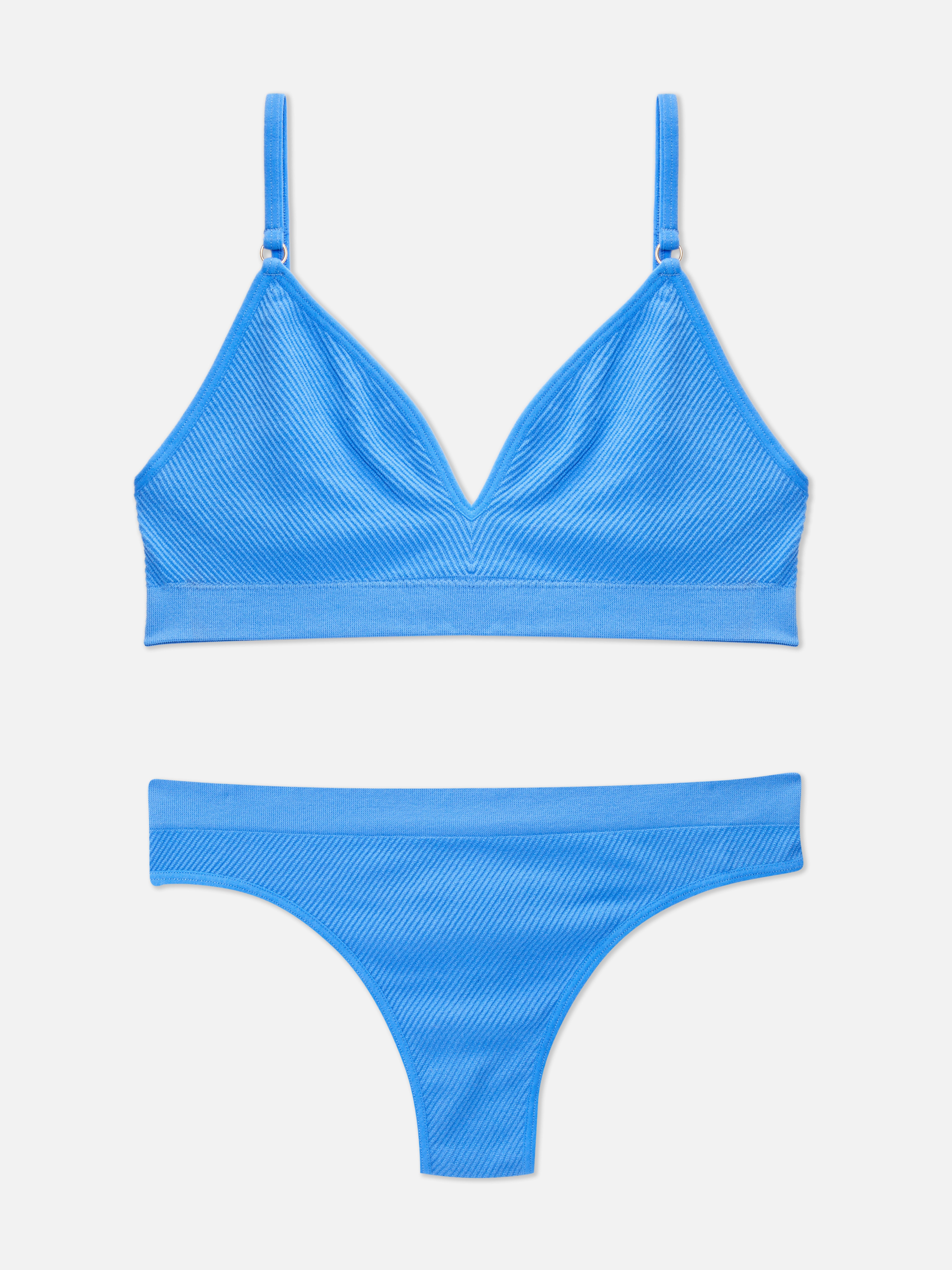 Womens Blue Ribbed Triangle Bra and Thong Set