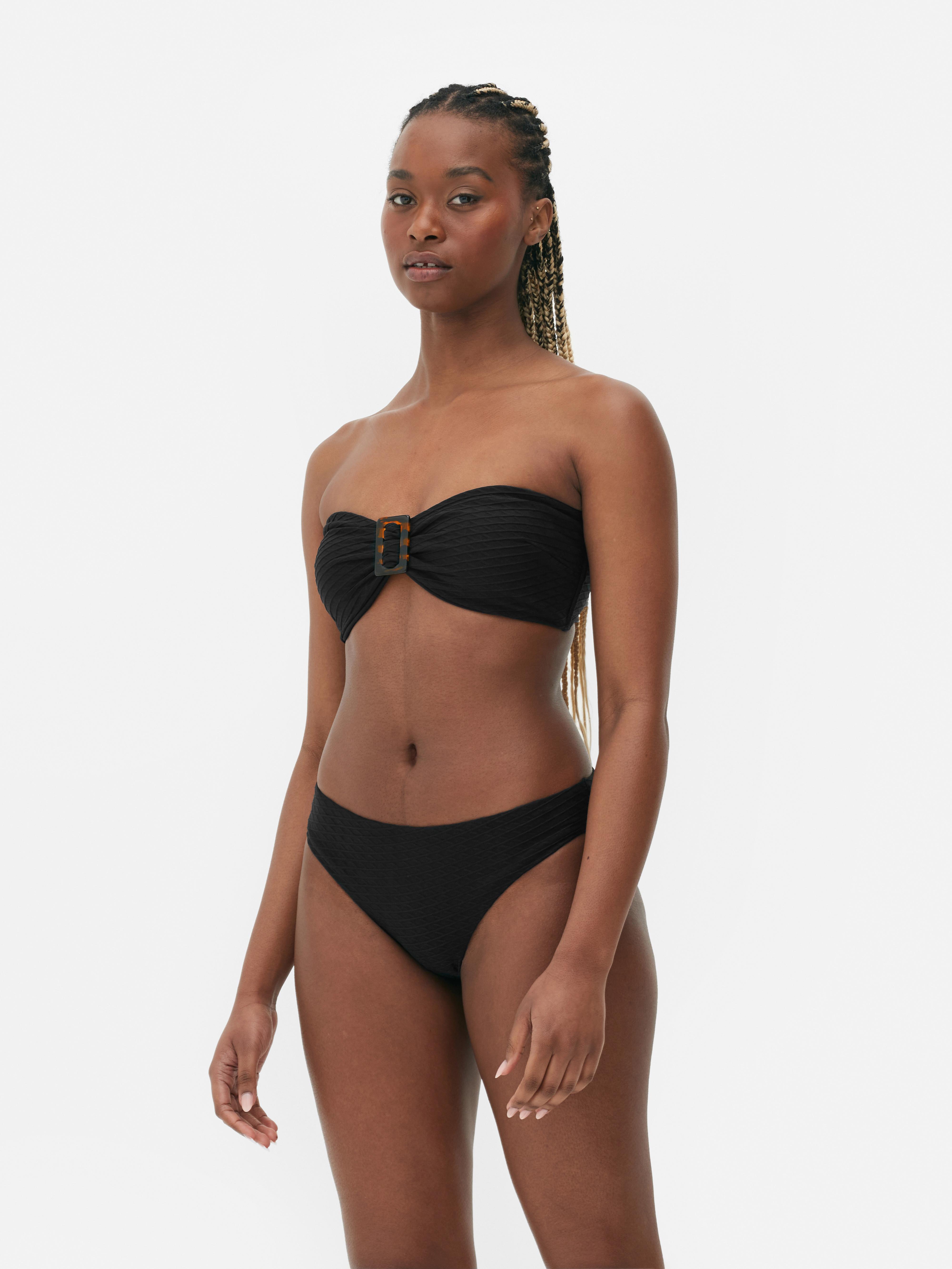 Womens Black Textured Strapless Bandeau Bikini Top