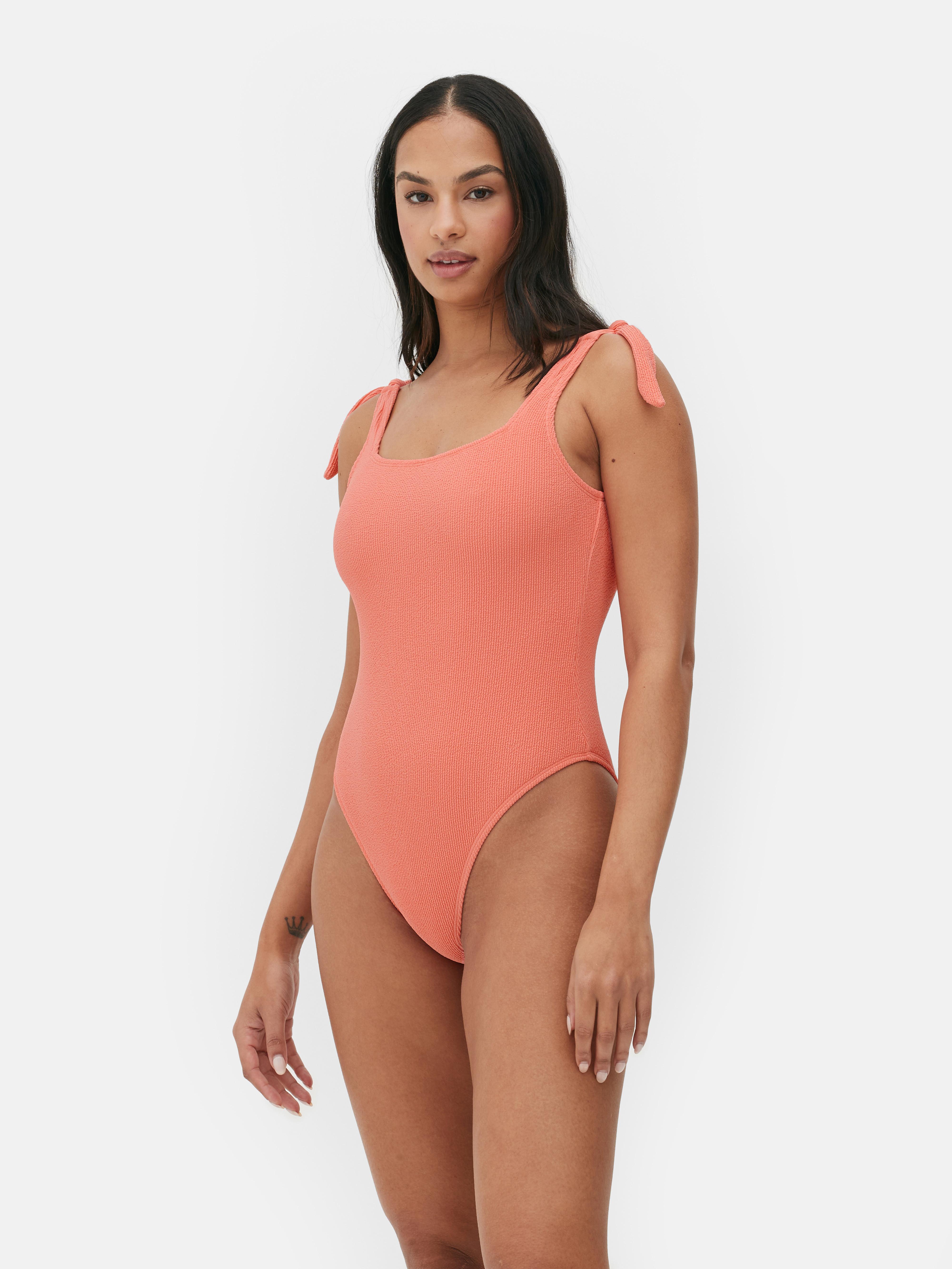 Bow Strap Crinkle Texture Swimsuit