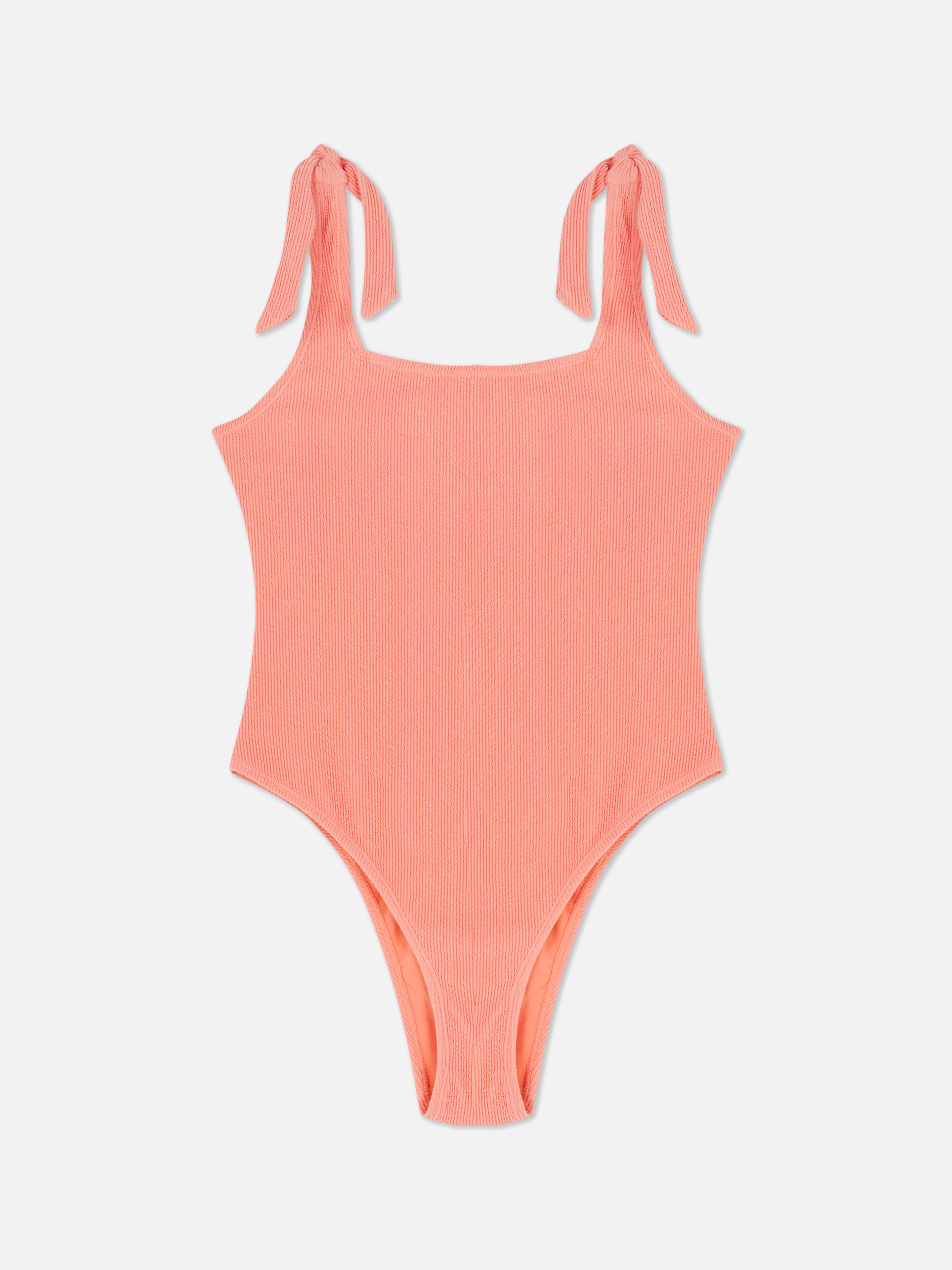 Womens Orange Bow Strap Crinkle Texture Swimsuit