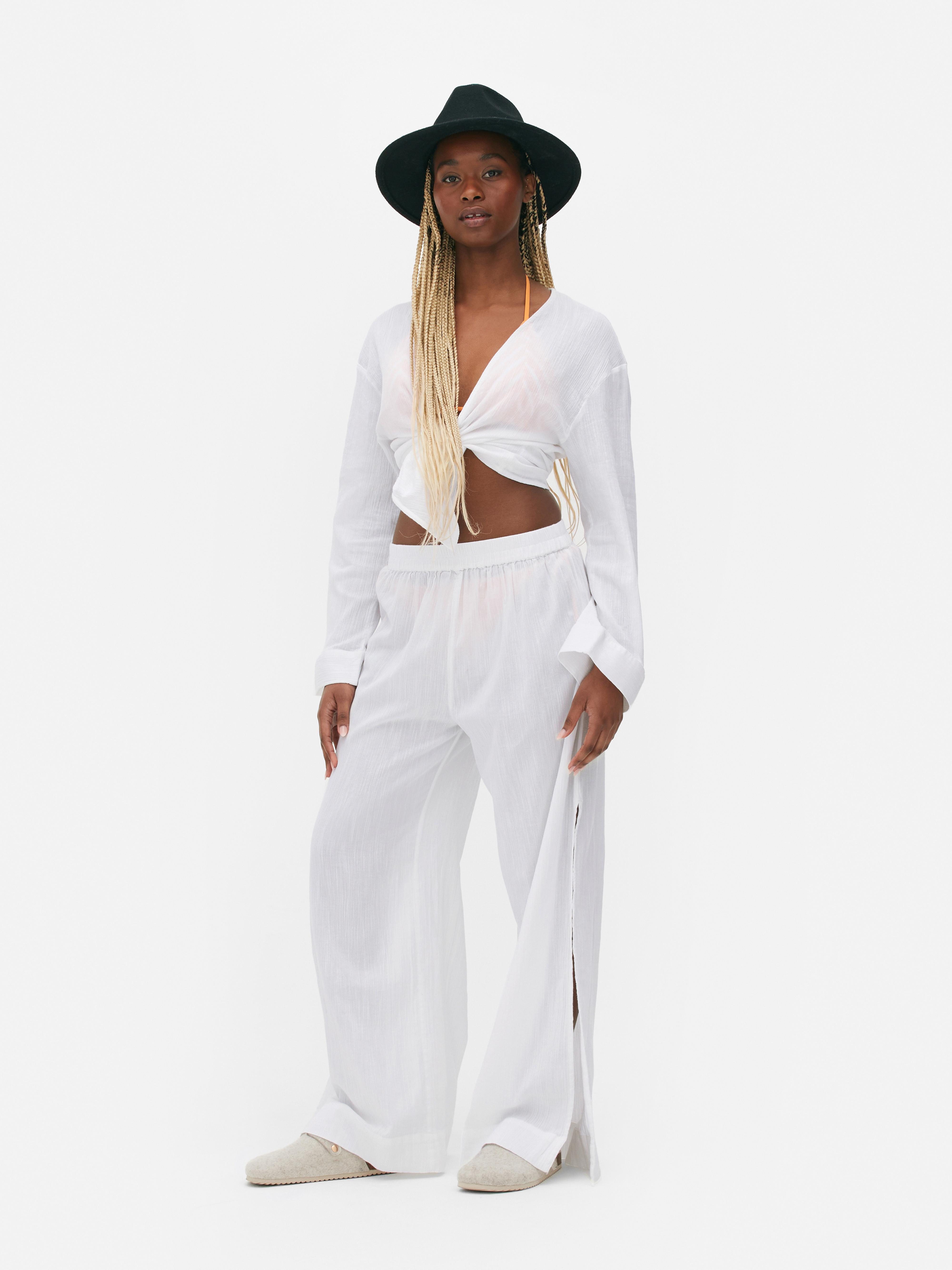 Resort Wear Crinkle Textured Wide Leg Beach Trousers in White