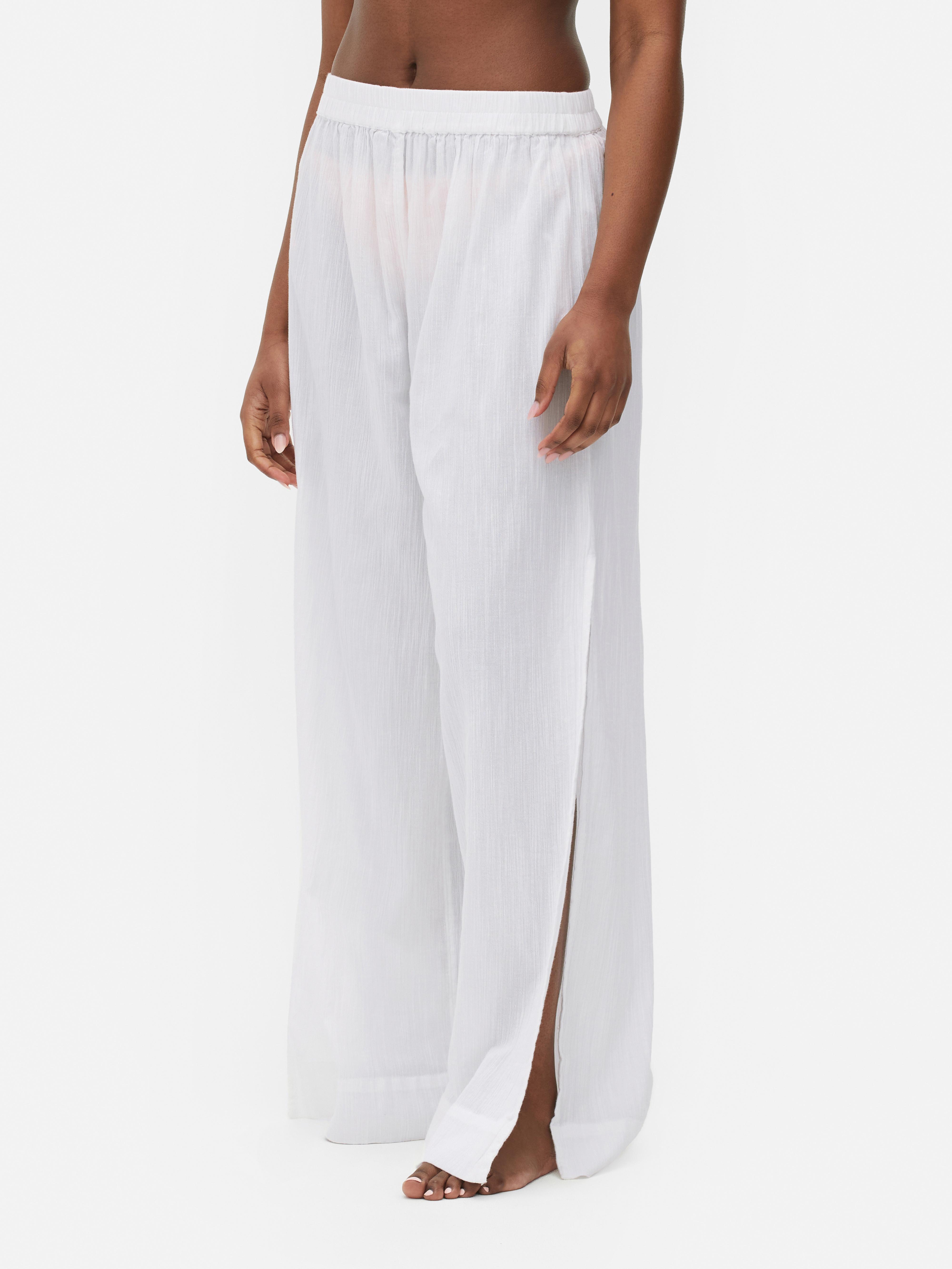 Resort Wear Crinkle Textured Wide Leg Beach Trousers in White