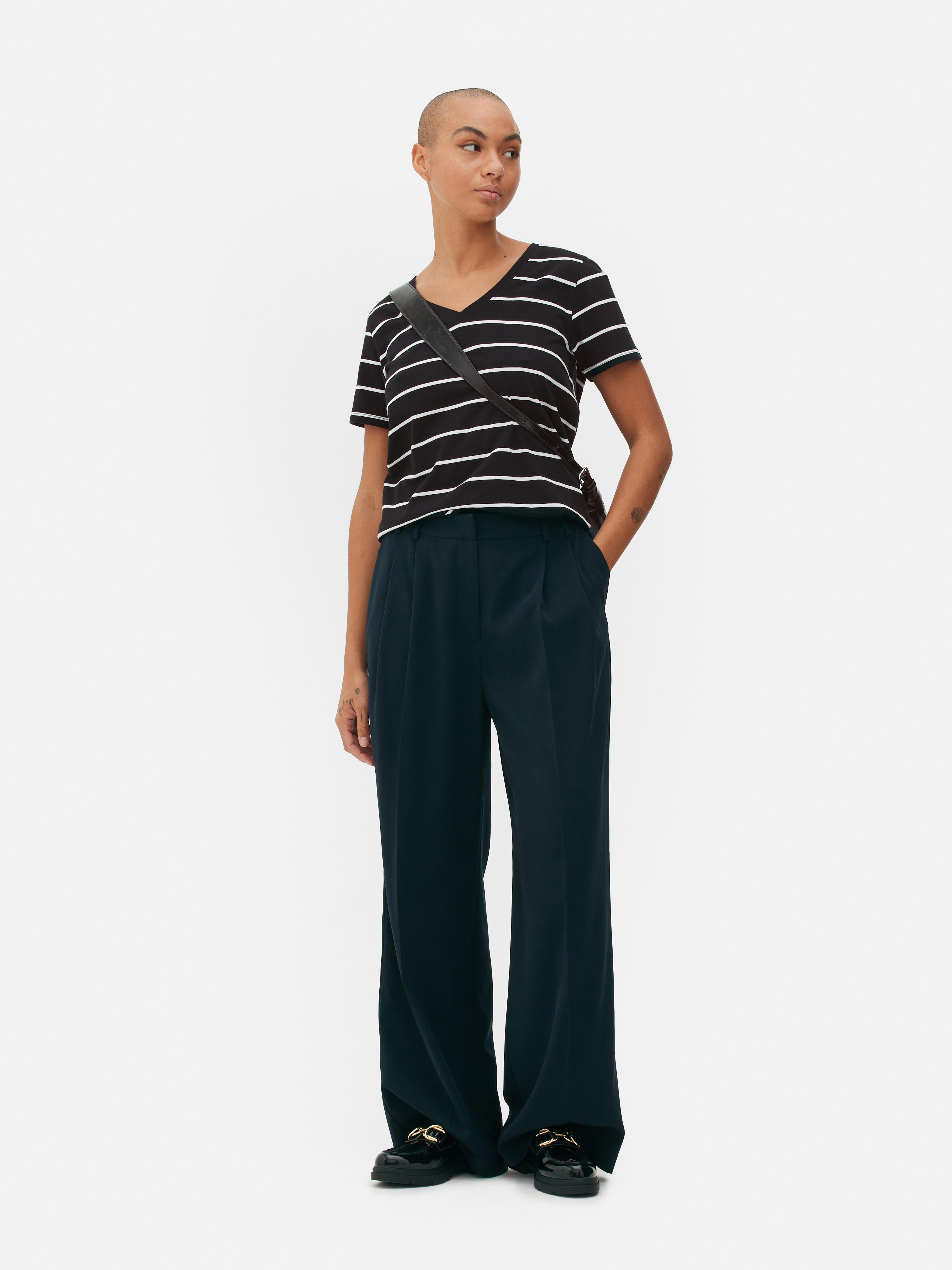 Womens Black/White Striped V-Neck T-Shirt | Primark