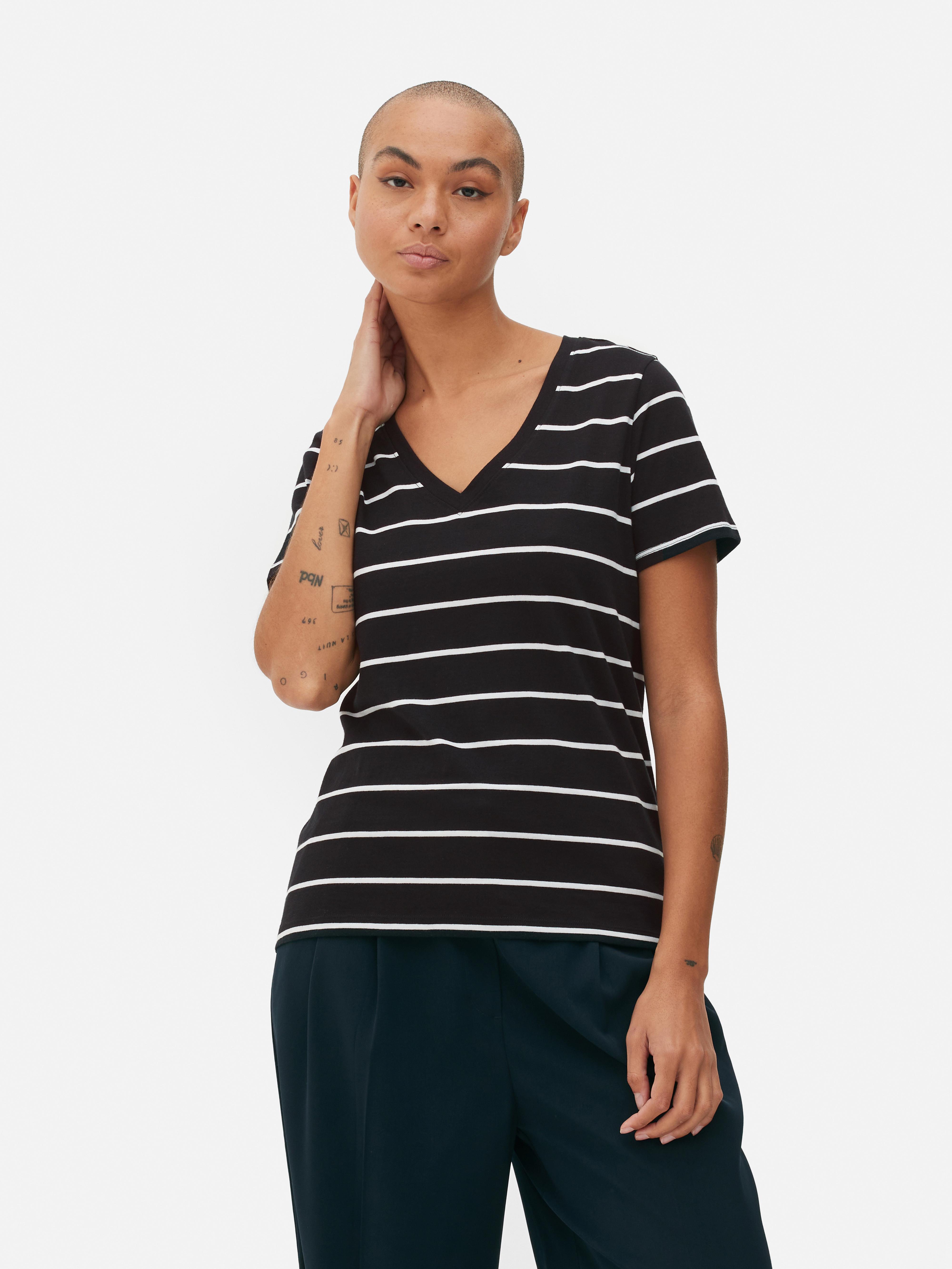 Women's Black/White Striped V-Neck T-Shirt | Primark