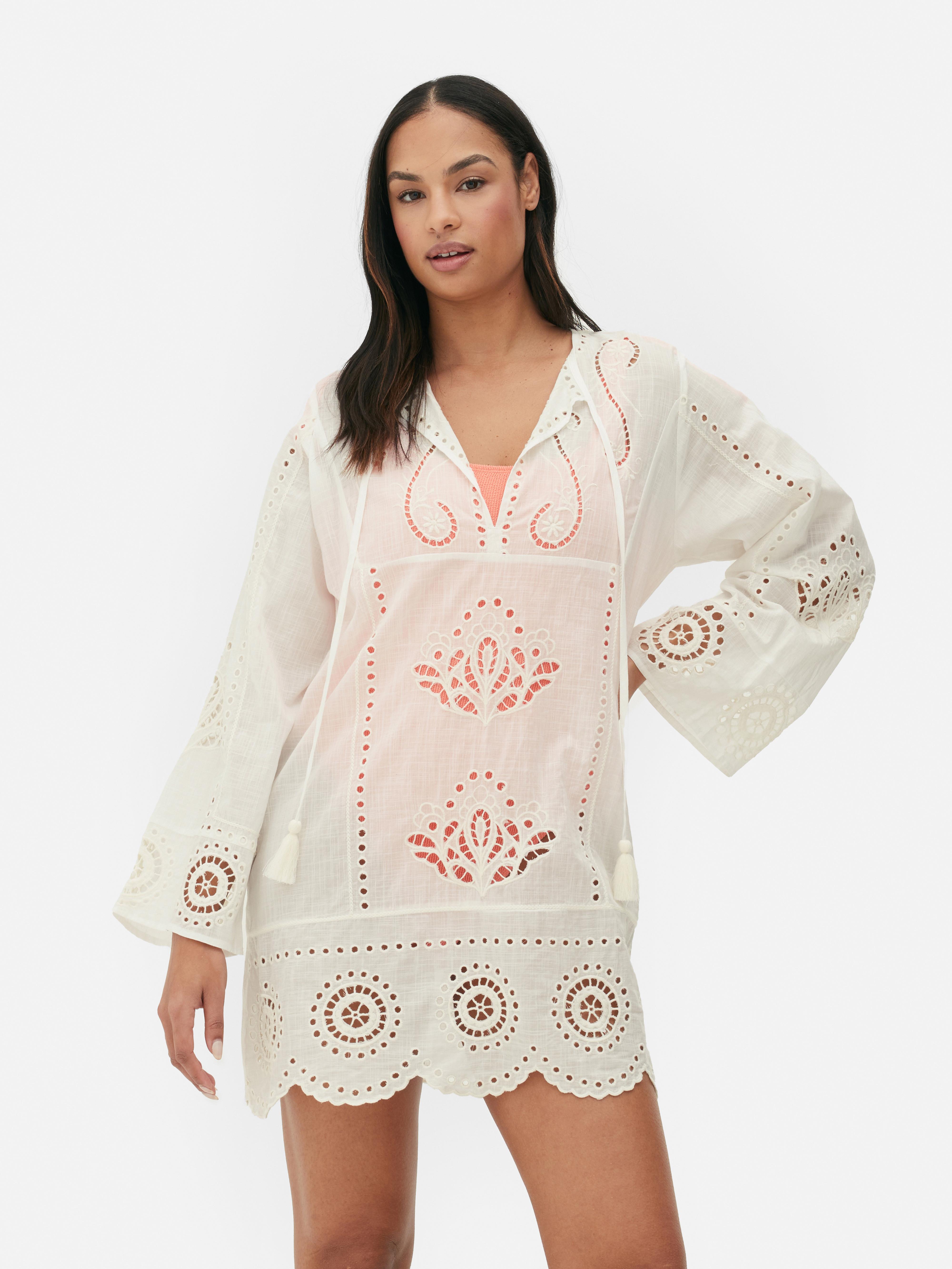 Women's Ecru Broderie Anglaise Mini Beach Coverup Dress | Penneys