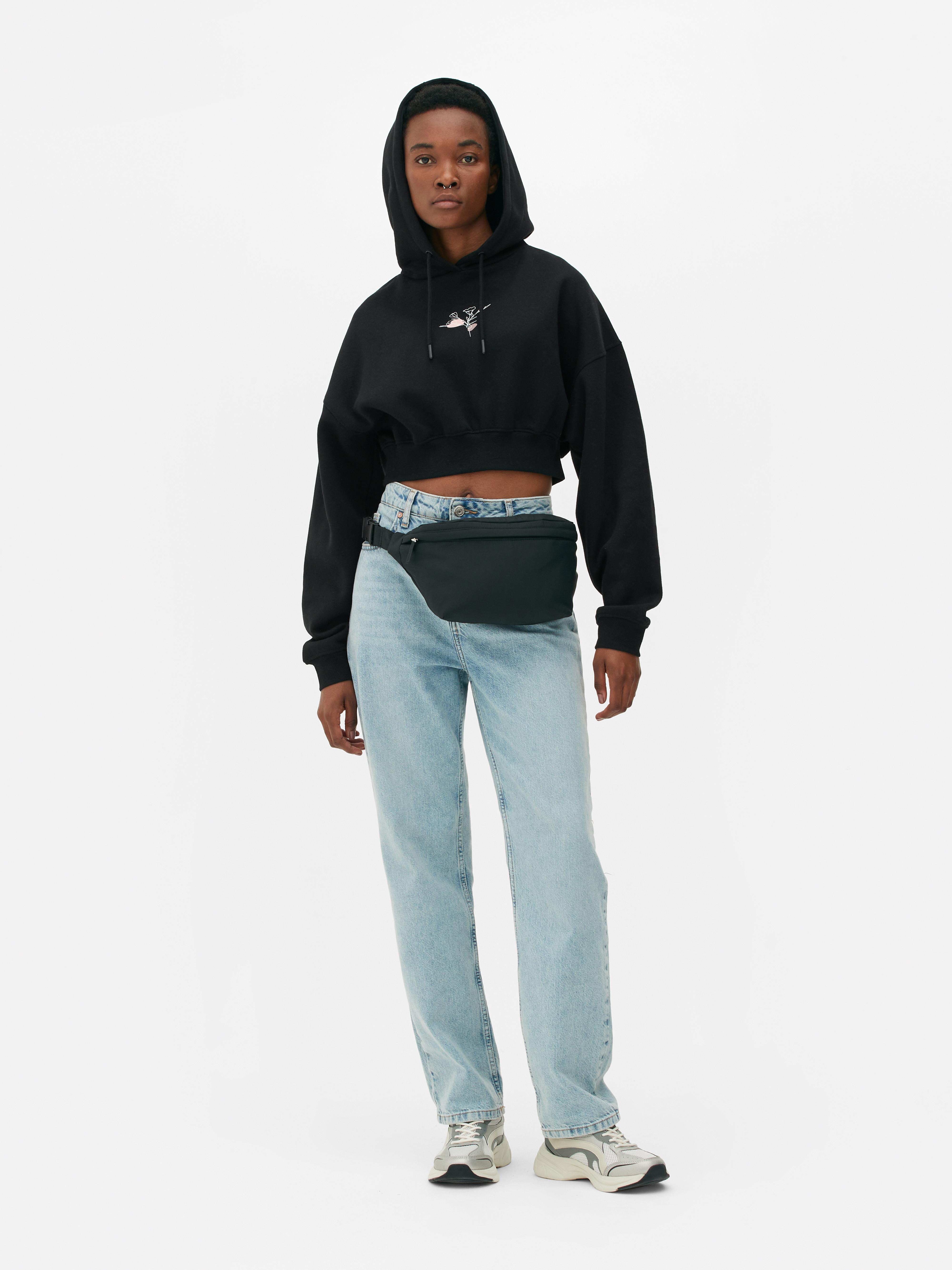 Womens Black Cropped Drawstring Hoodie