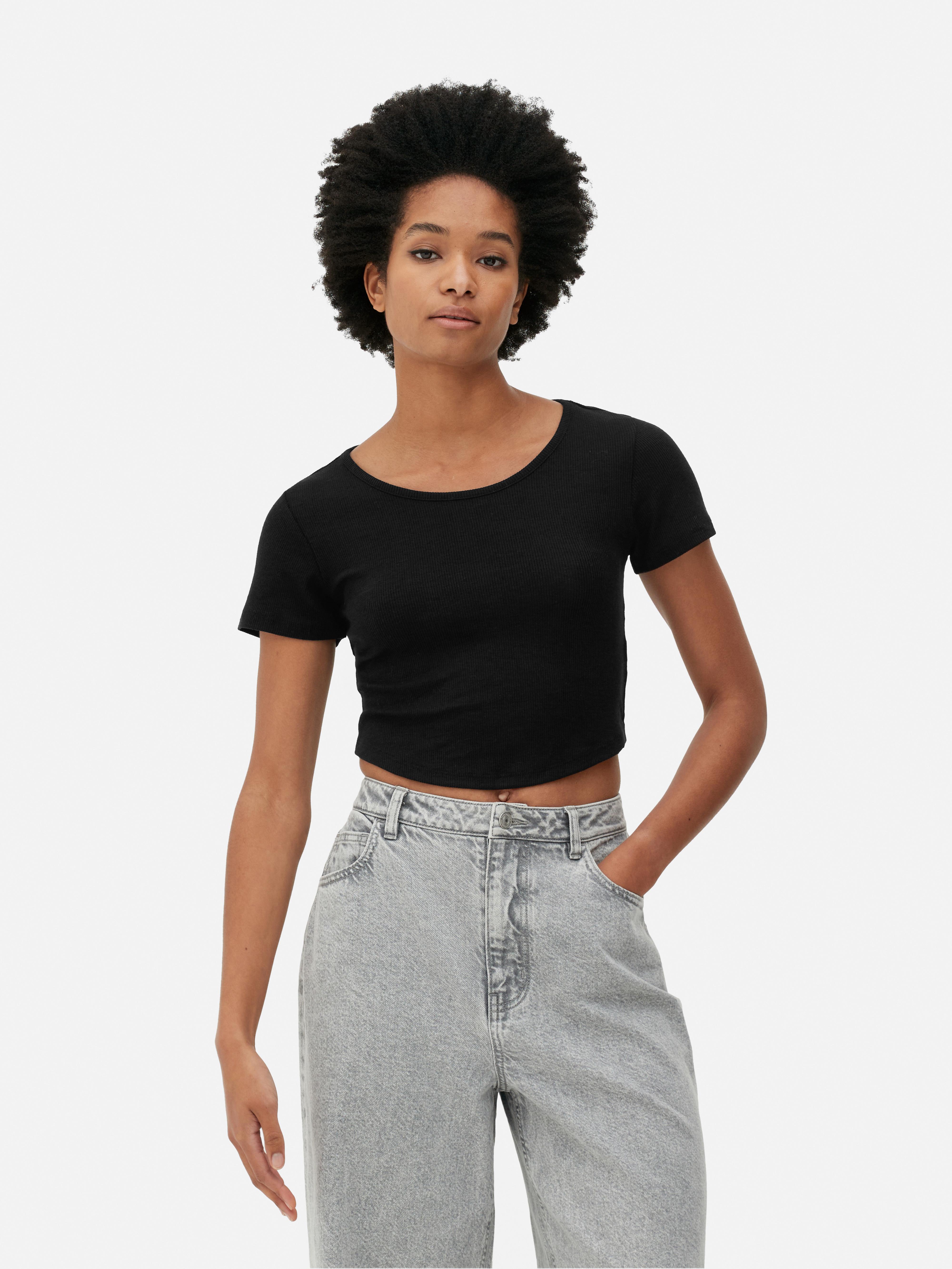 Women's Black Ribbed Scoop Neck Cropped T-Shirt | Primark