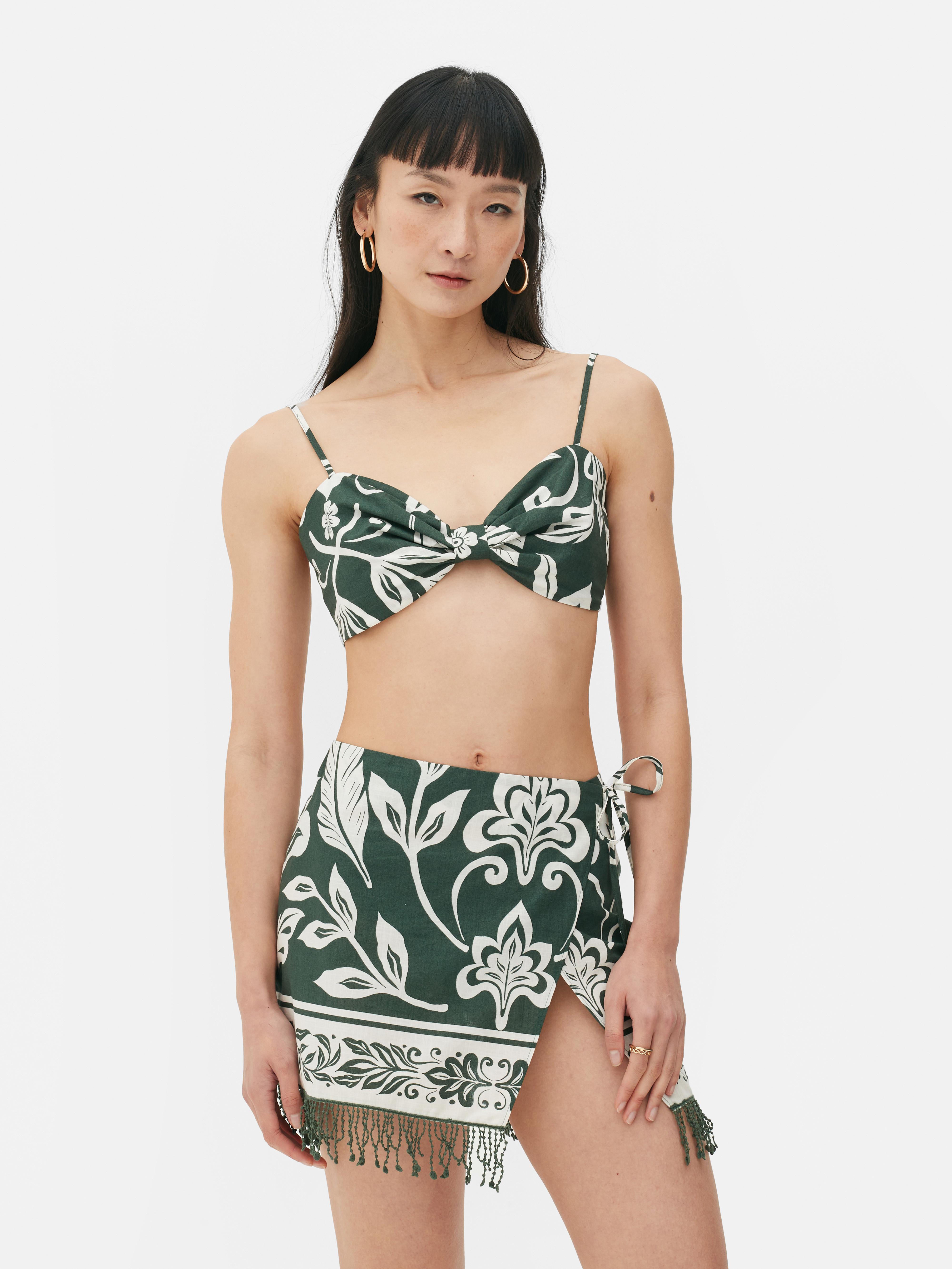 Womens Green Border Print Knot Bralette Top