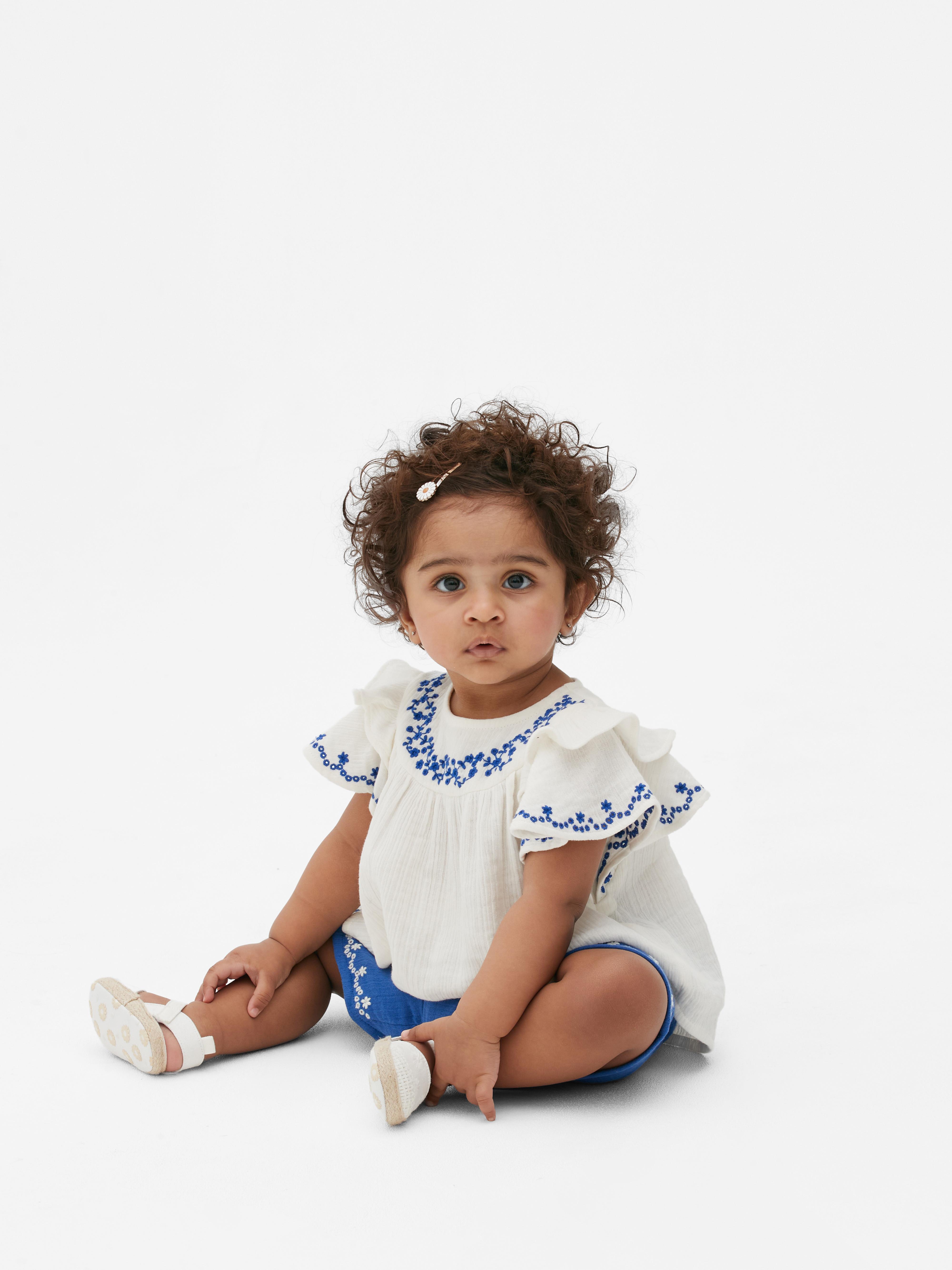 Crinkle Embroidered Blouse and Shorts Set