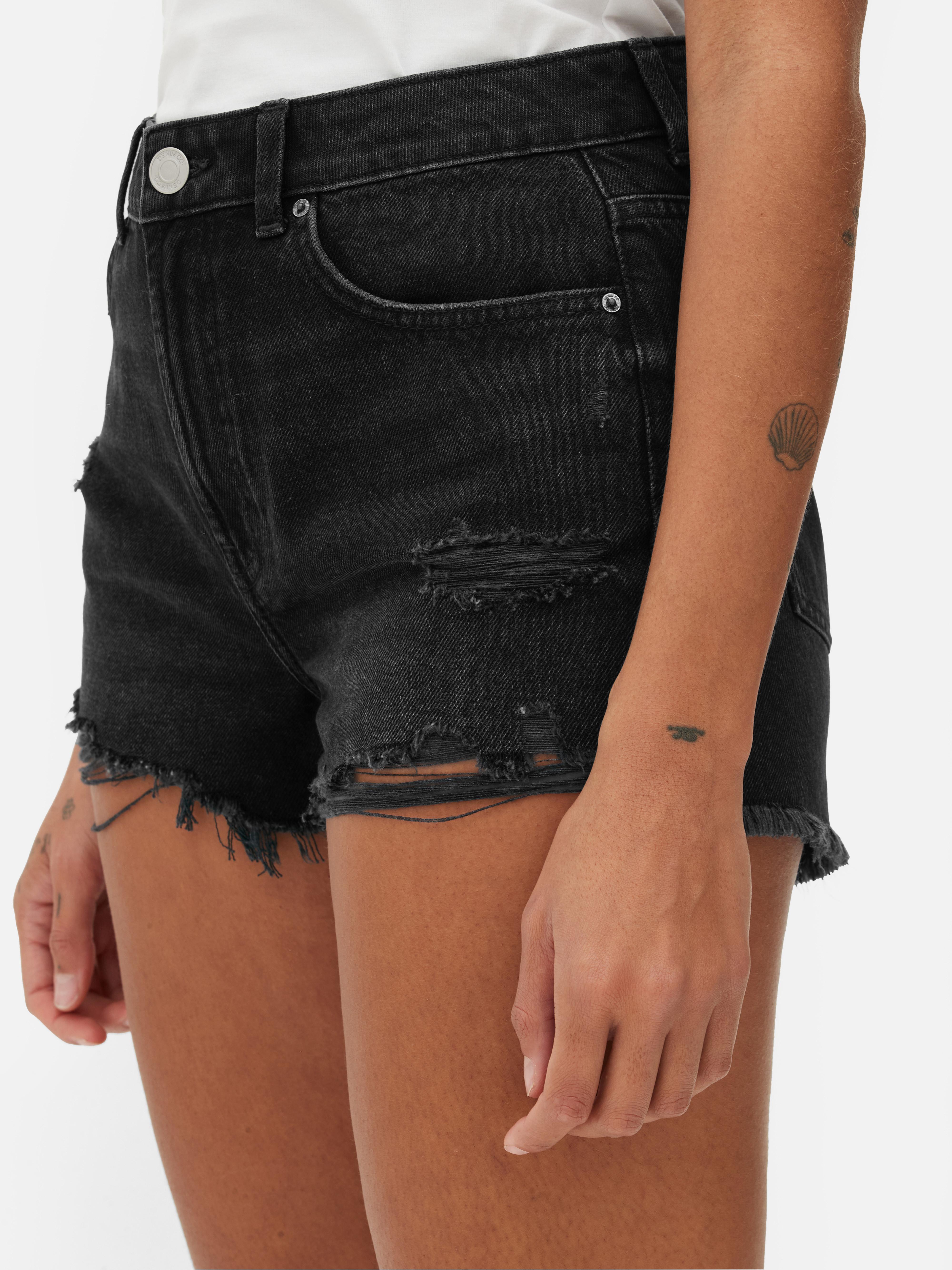 Womens Black High-Waisted Distressed Denim Shorts