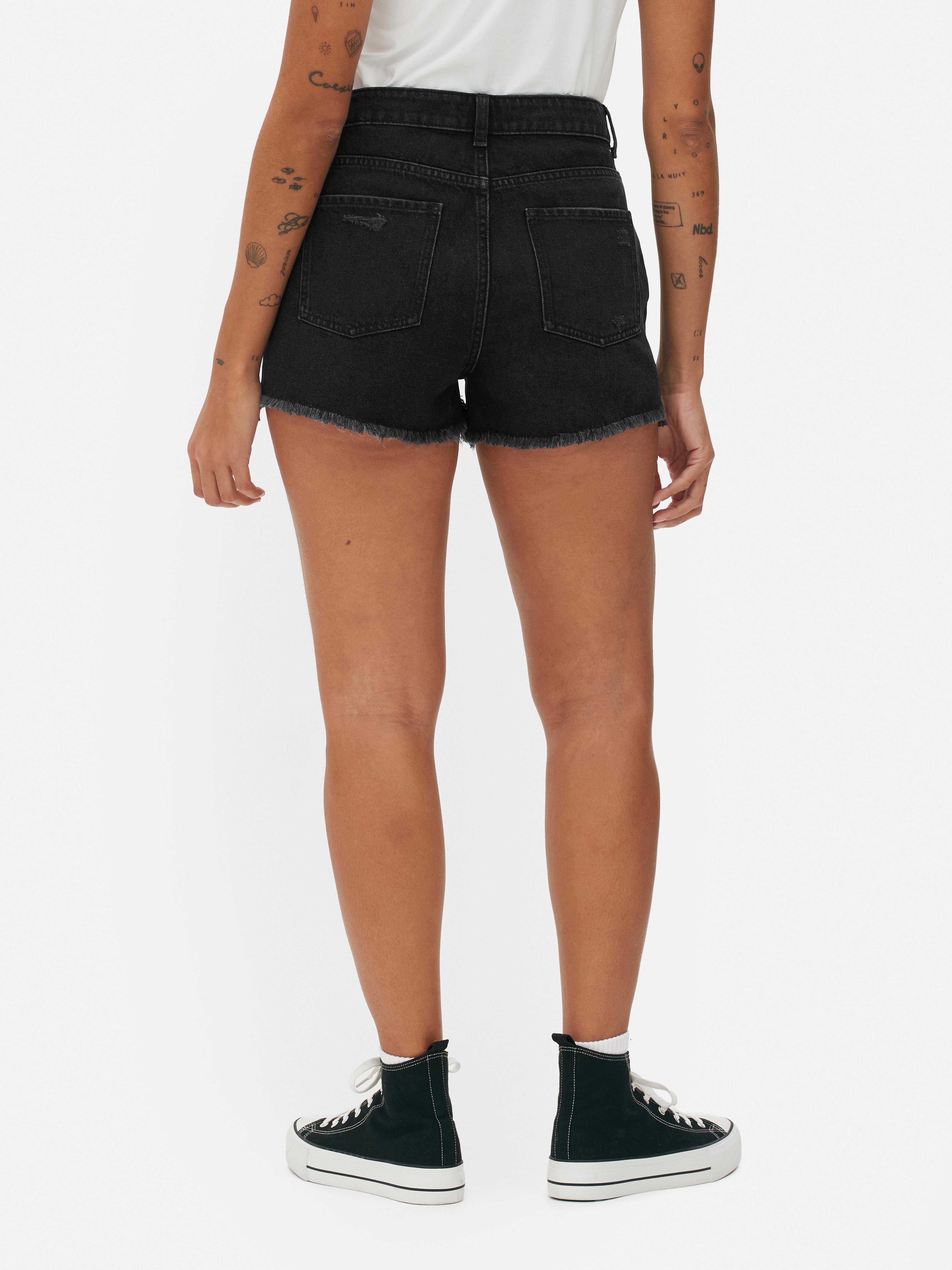 Womens Black High-Waisted Distressed Denim Shorts