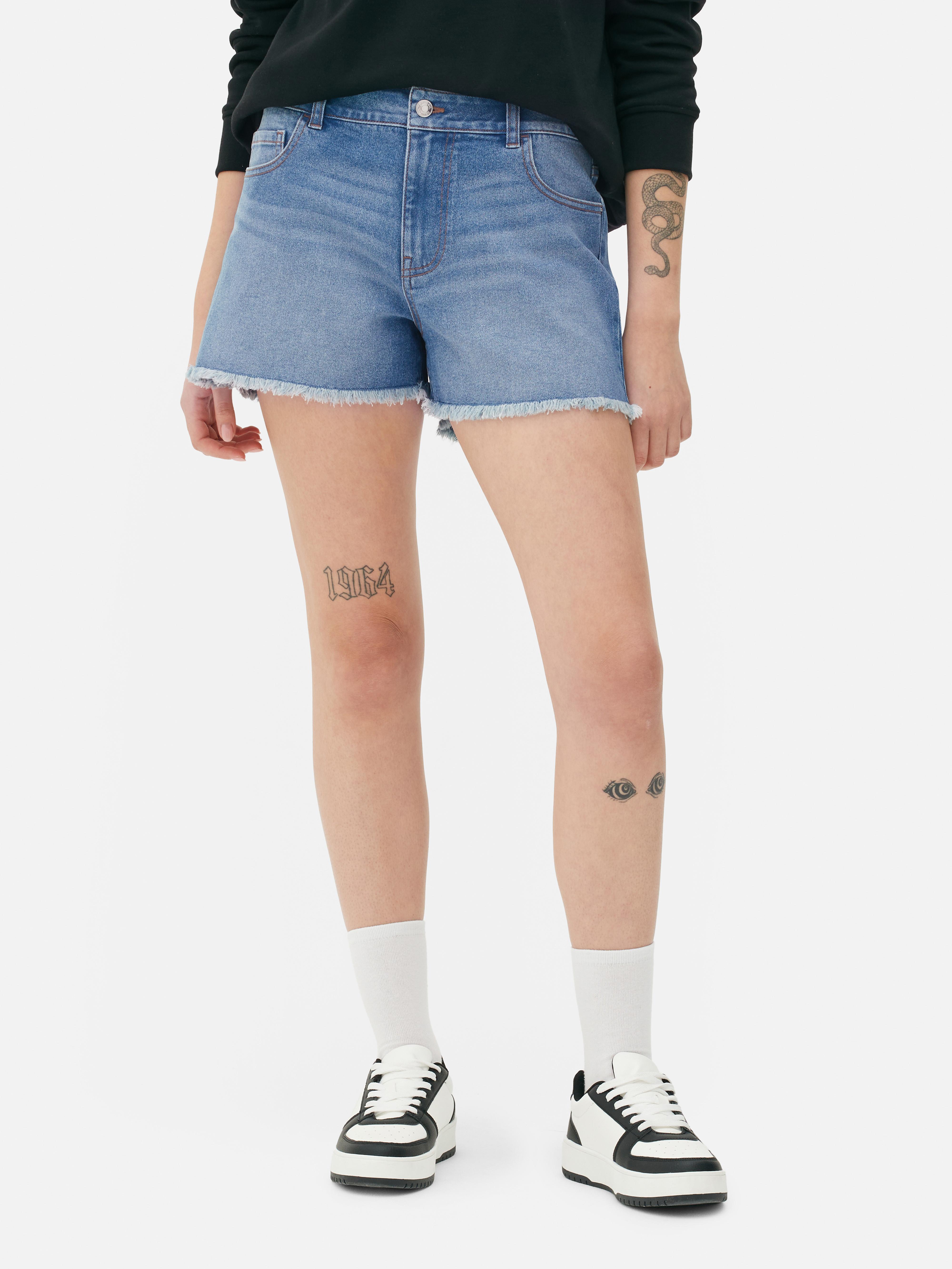 Women s Mid Blue Frayed Denim Shorts Primark