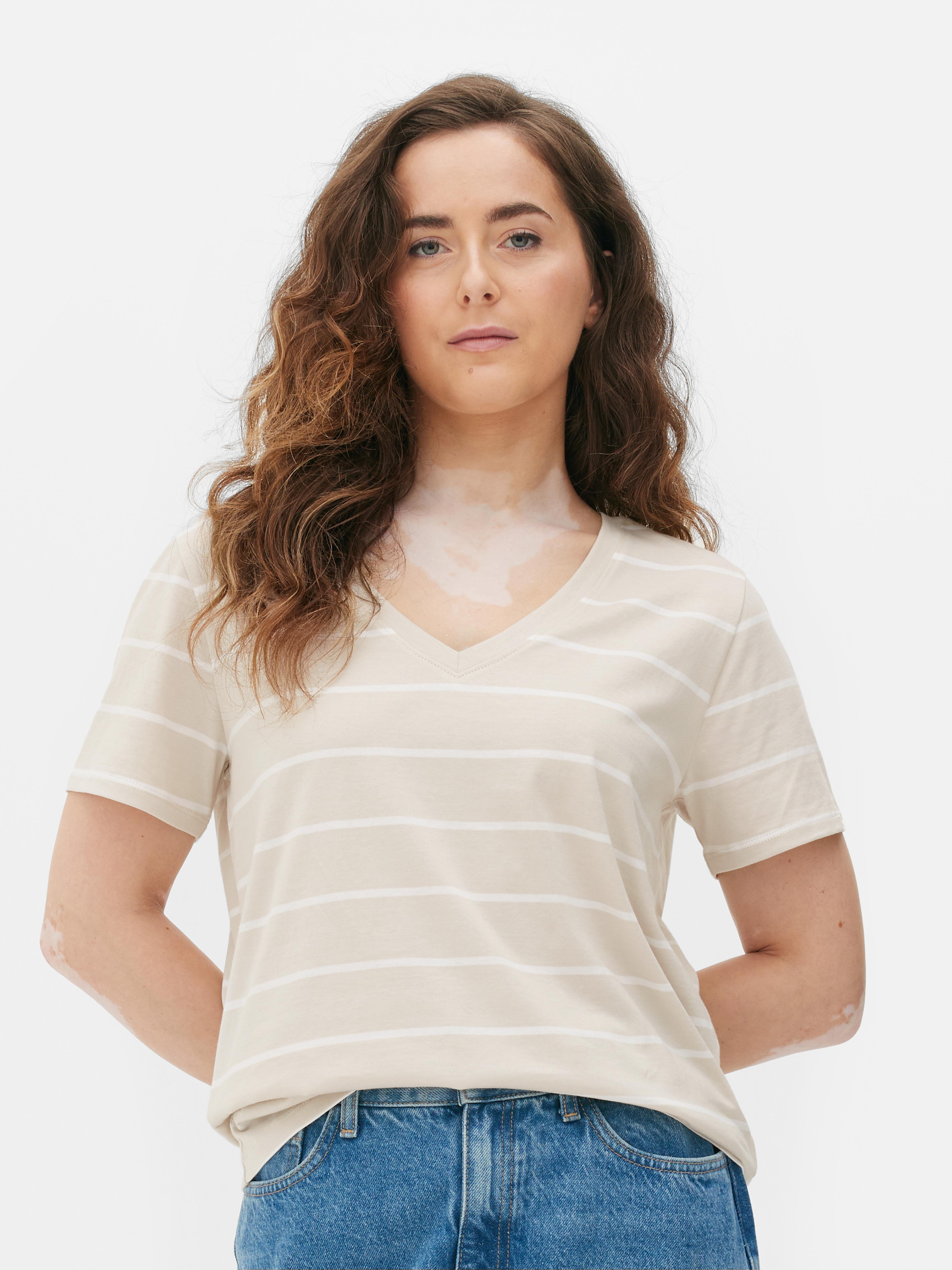 Womens Stone VNeck Striped TShirt Primark