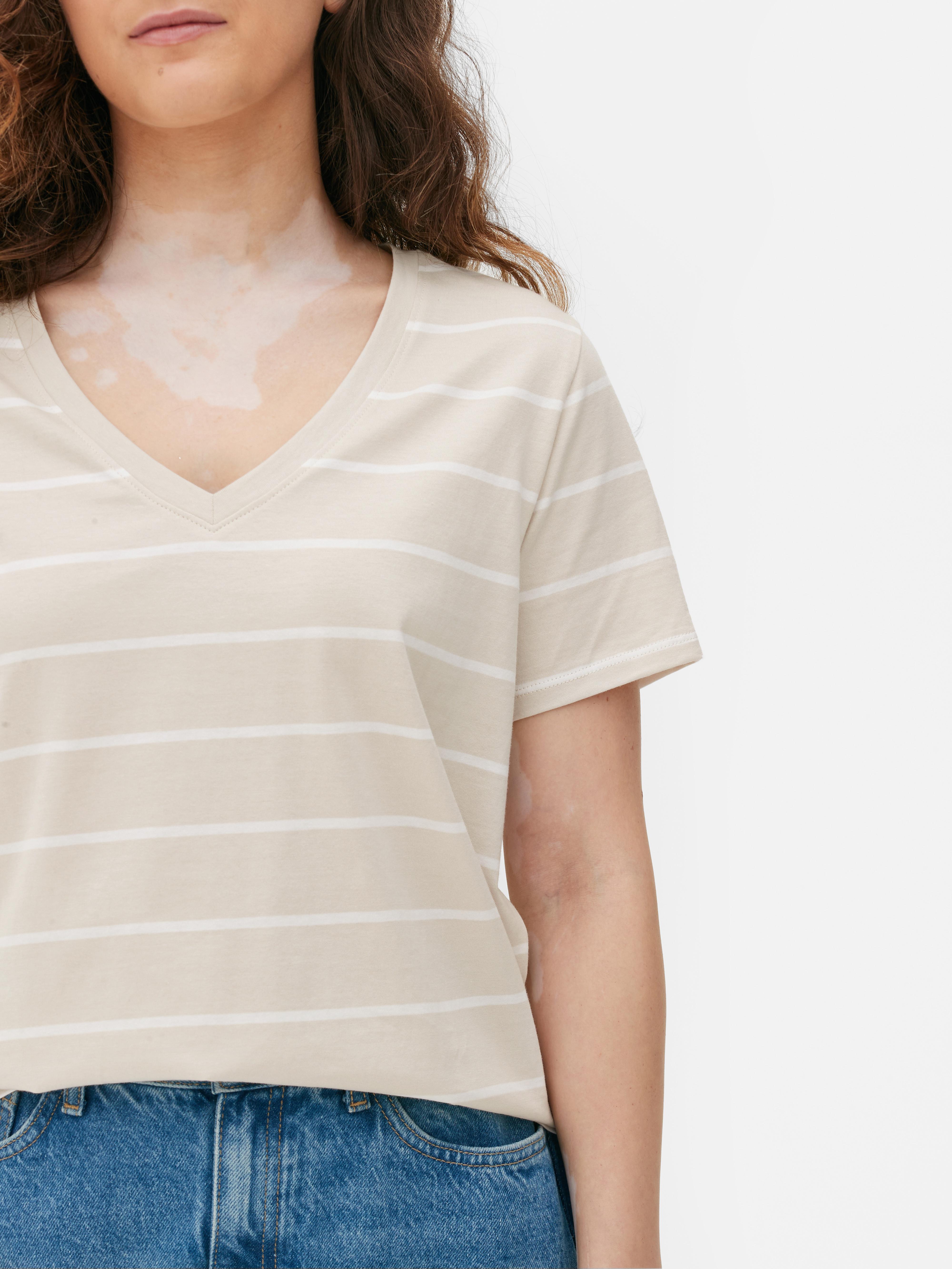 Womens Stone VNeck Striped TShirt Primark