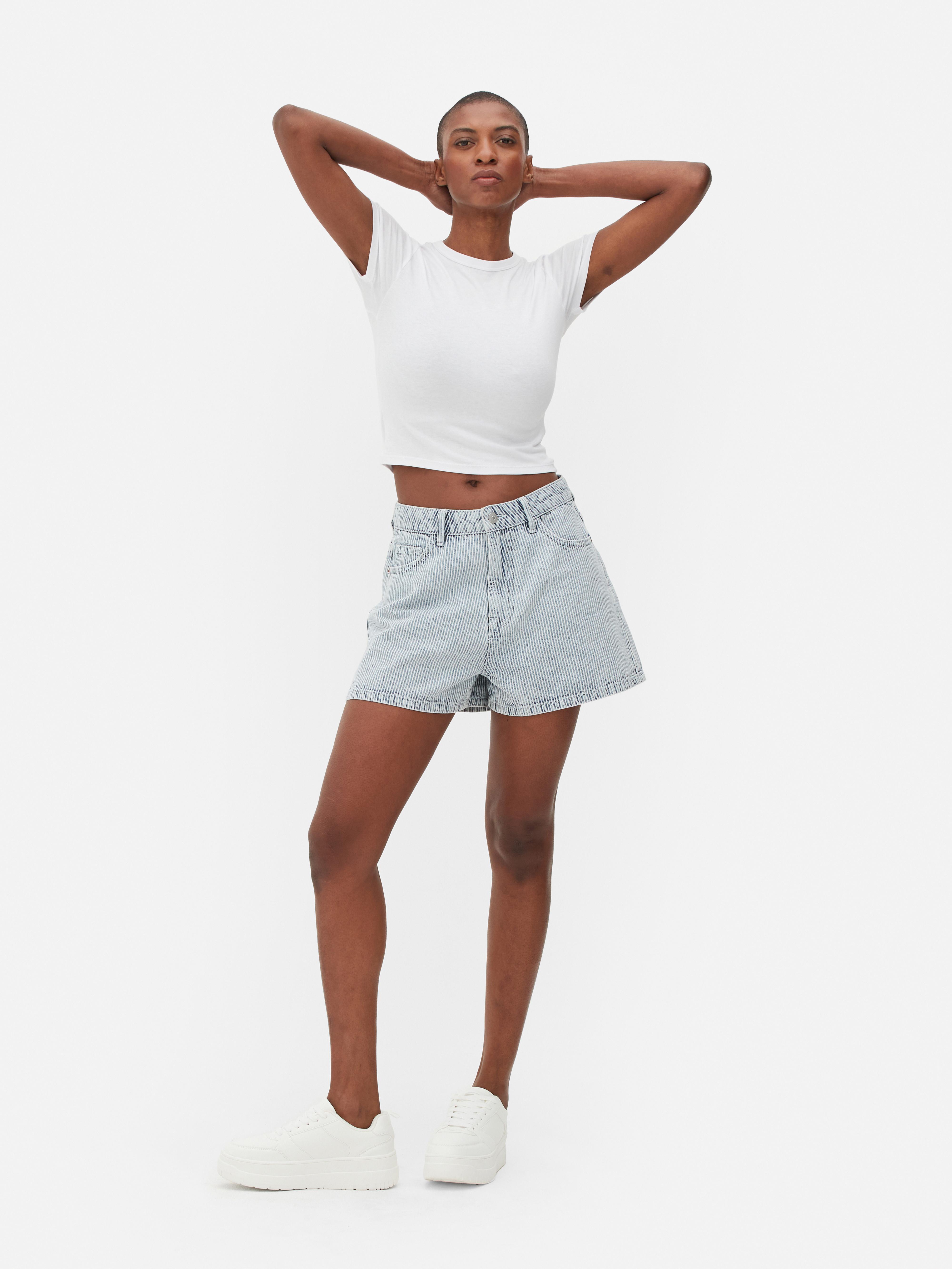 Womens Blue High-Rise Mom Shorts