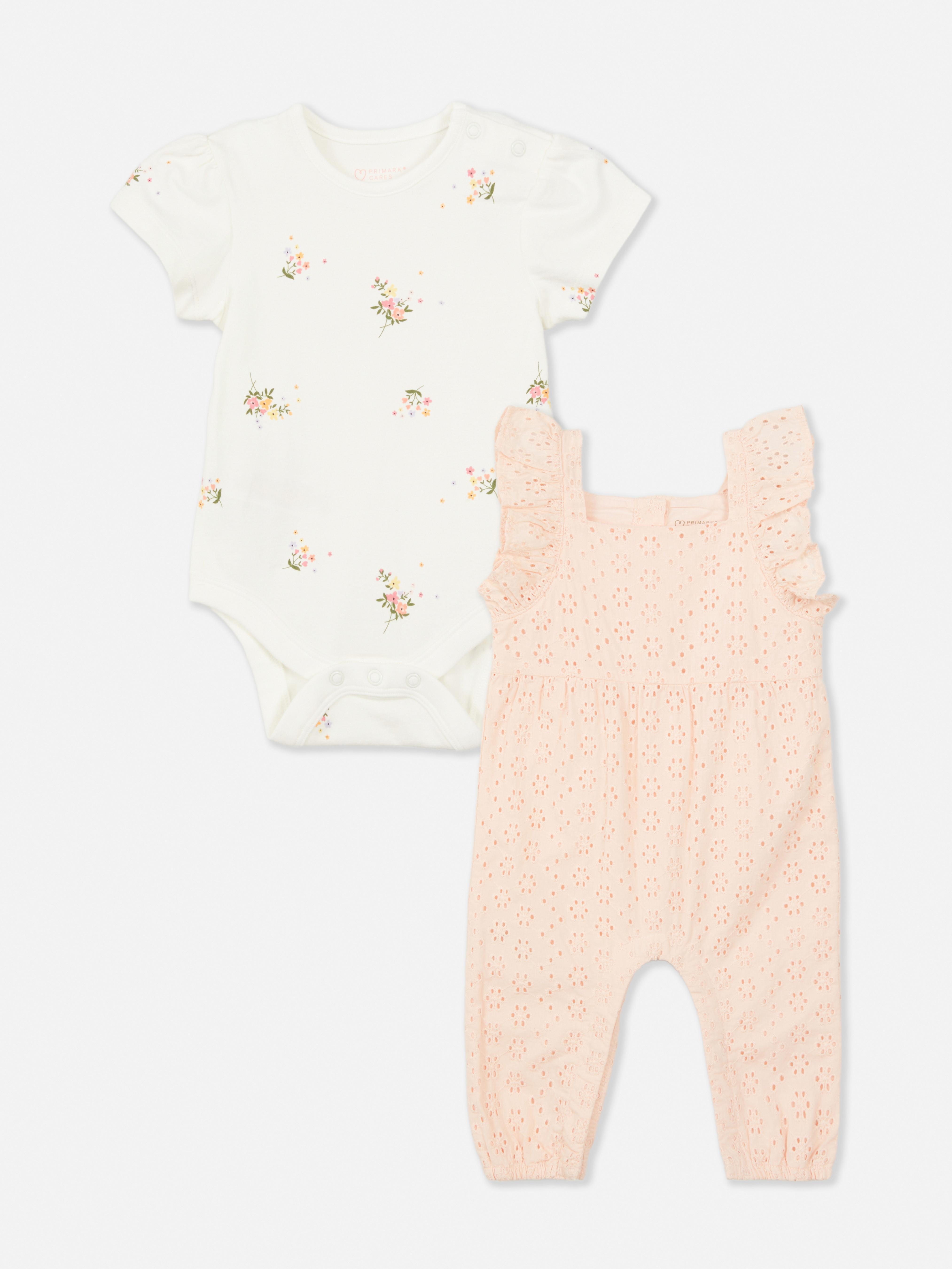 Floral Bodysuit and Broderie Anglaise Dungaree Set