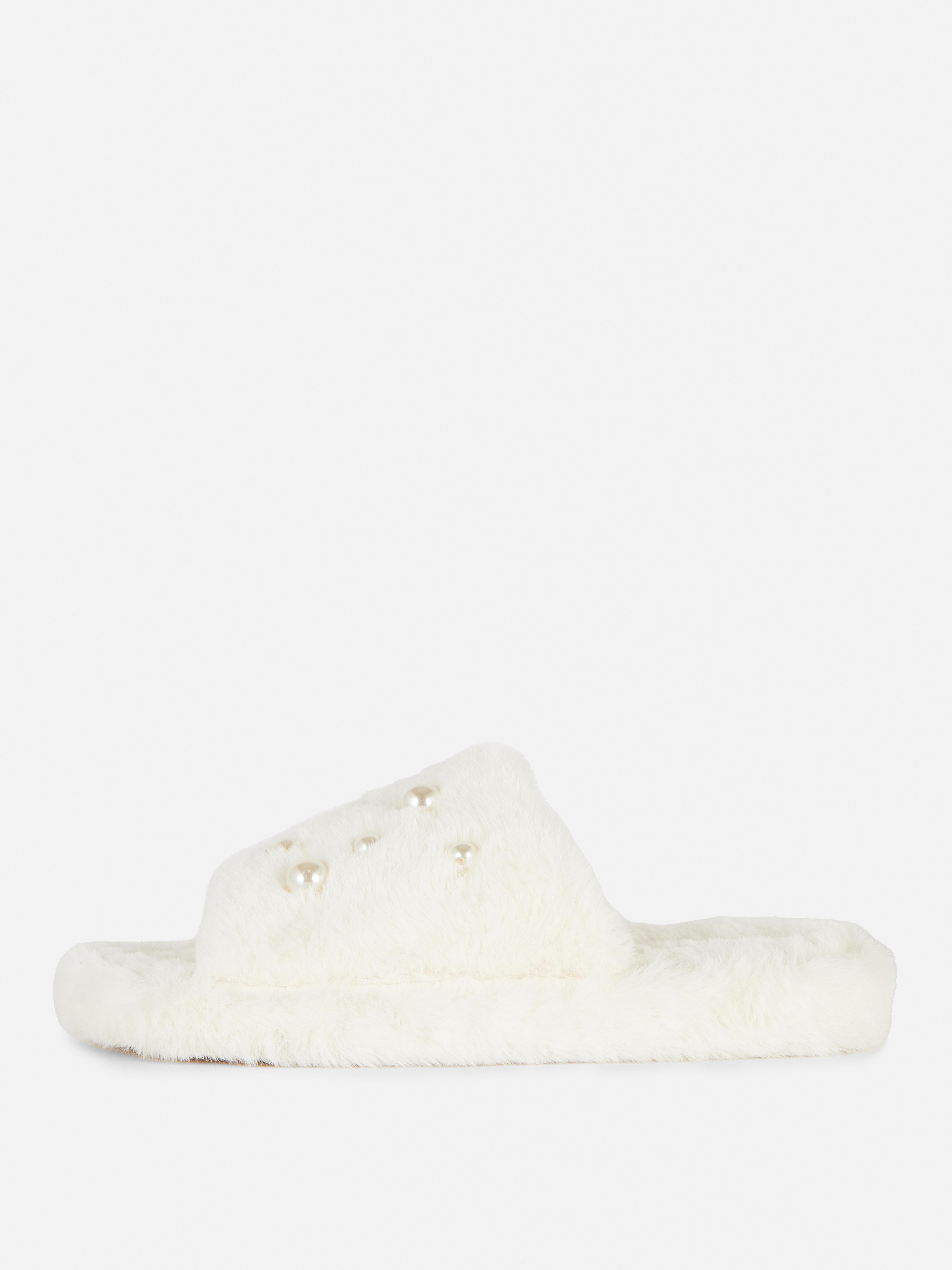 Womens White Faux Pearl Fluffy Slippers | Primark