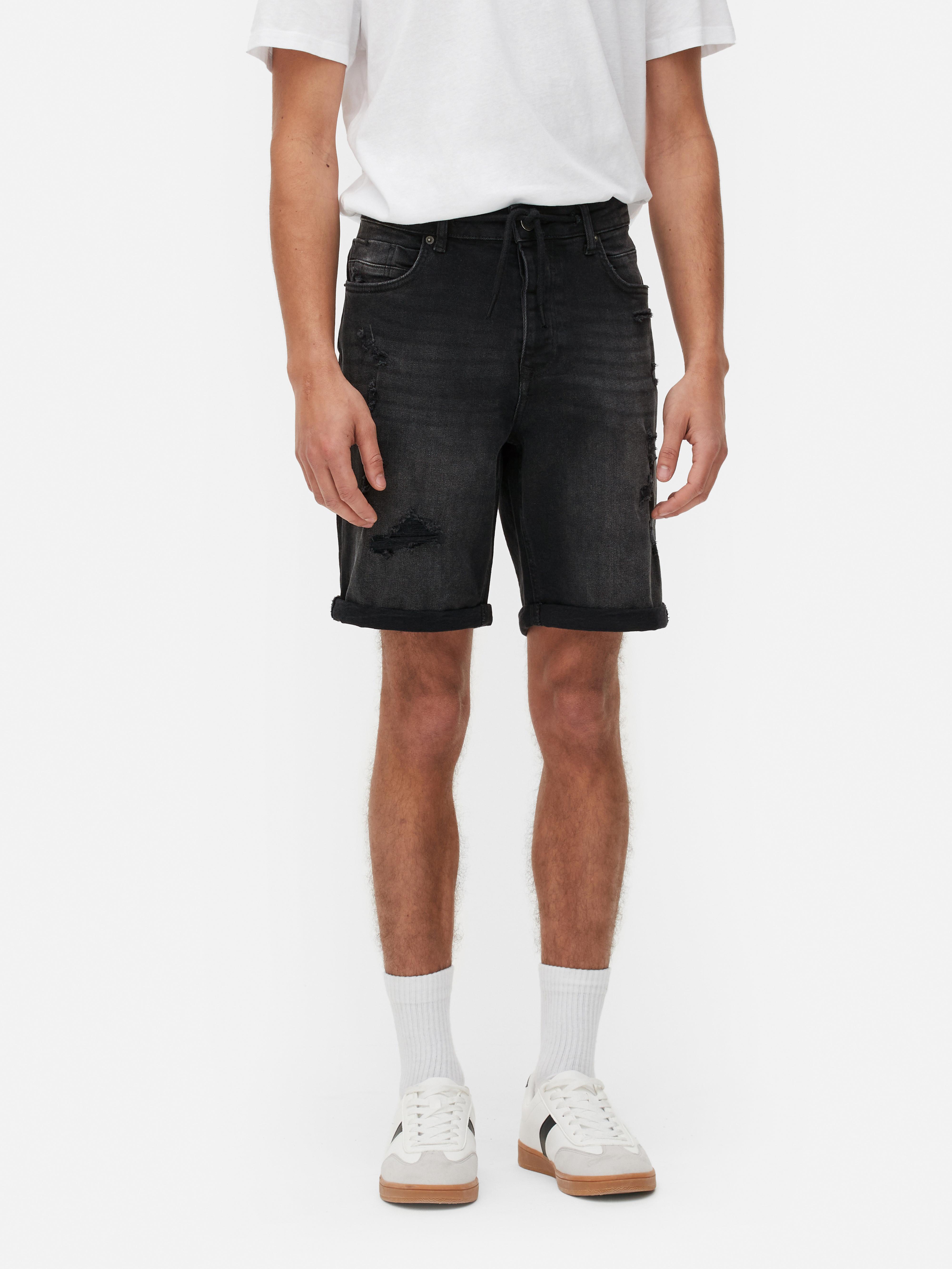Mens Black Distressed Drawstring Denim Shorts Primark