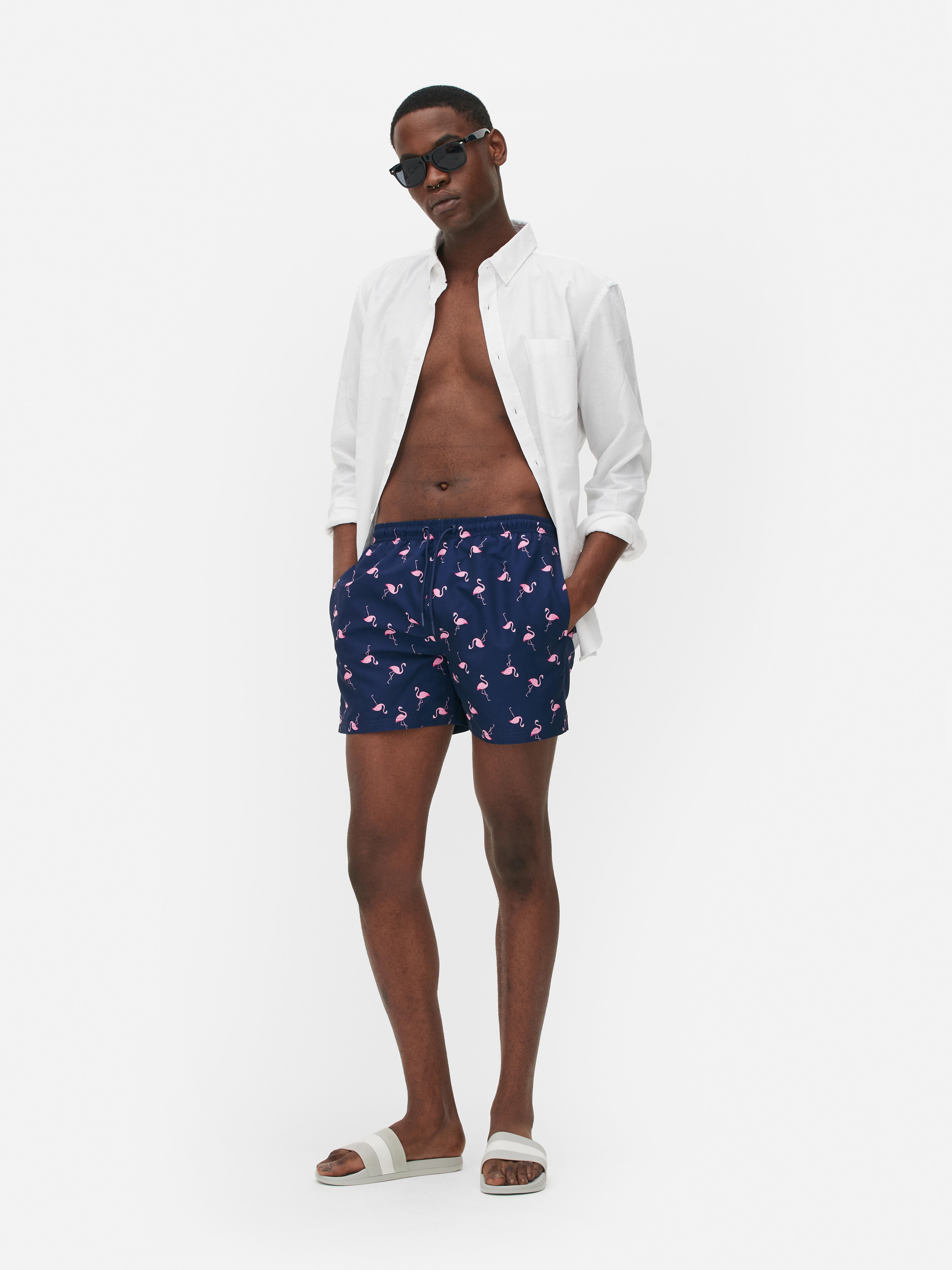 Mens Navy Flamingo Print Swim Shorts | Primark