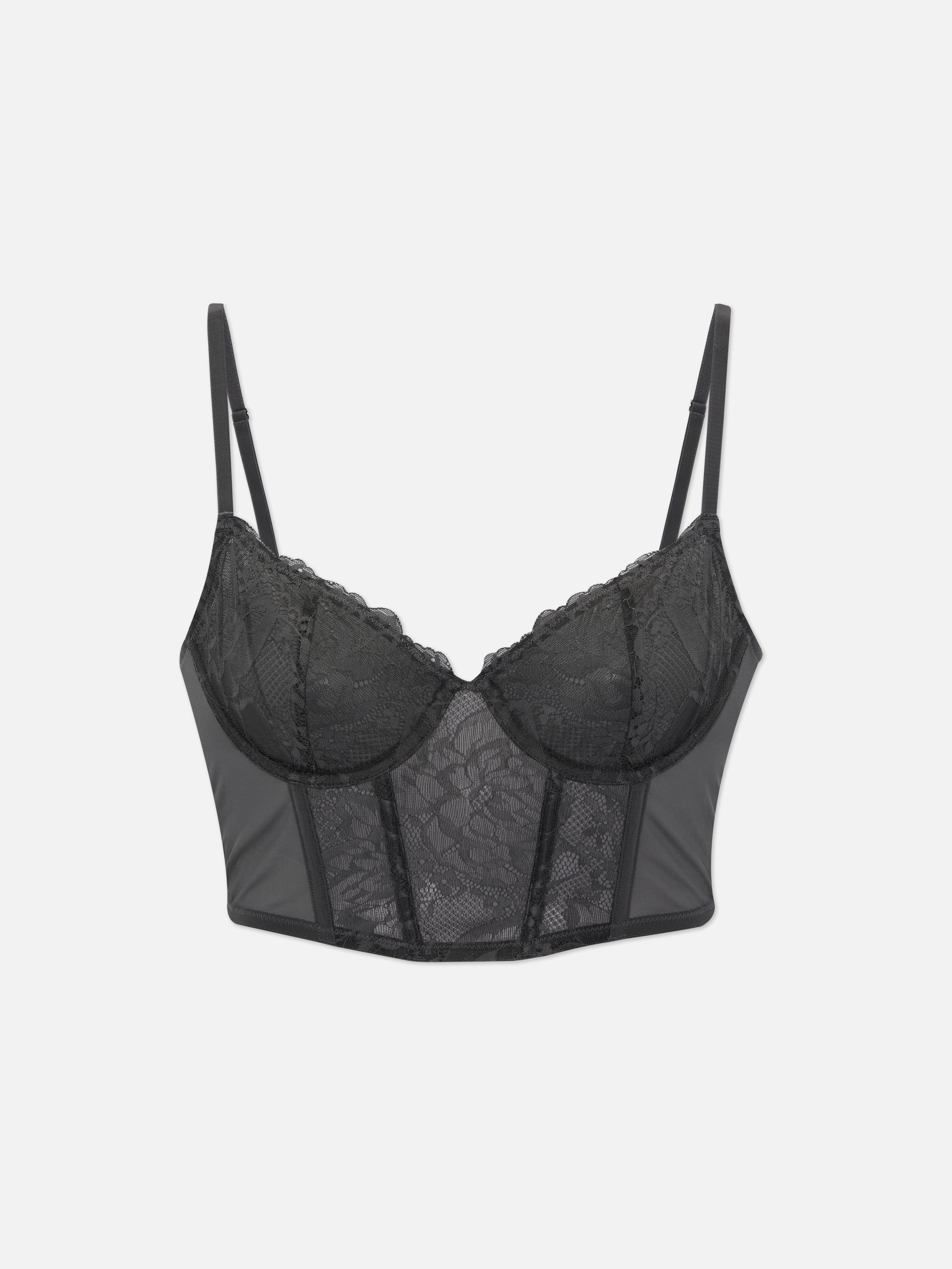 Lace Panel Longline Bra Bustier Grey