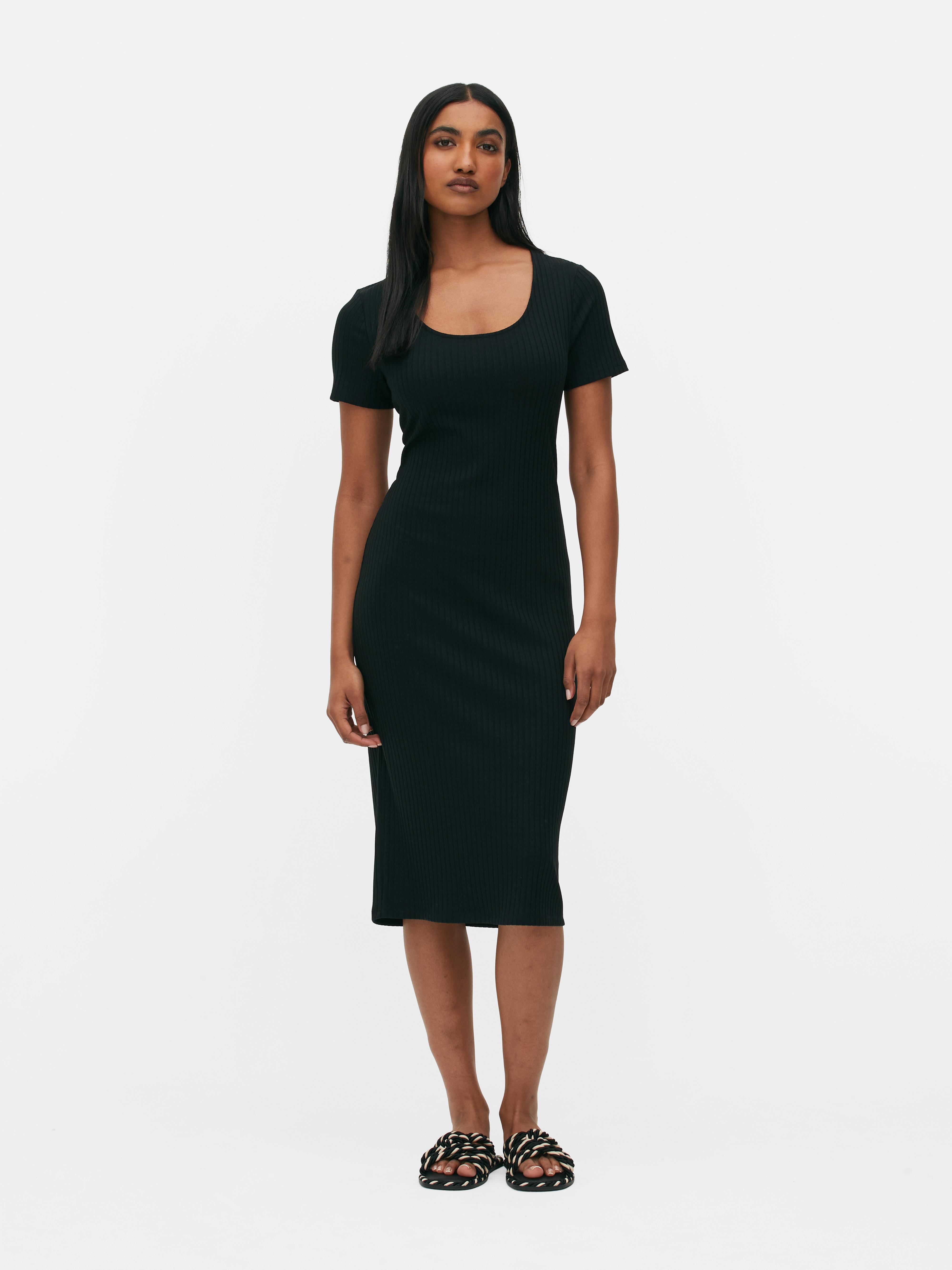 Women's Black Ribbed Short Sleeve Midi Dress | Primark