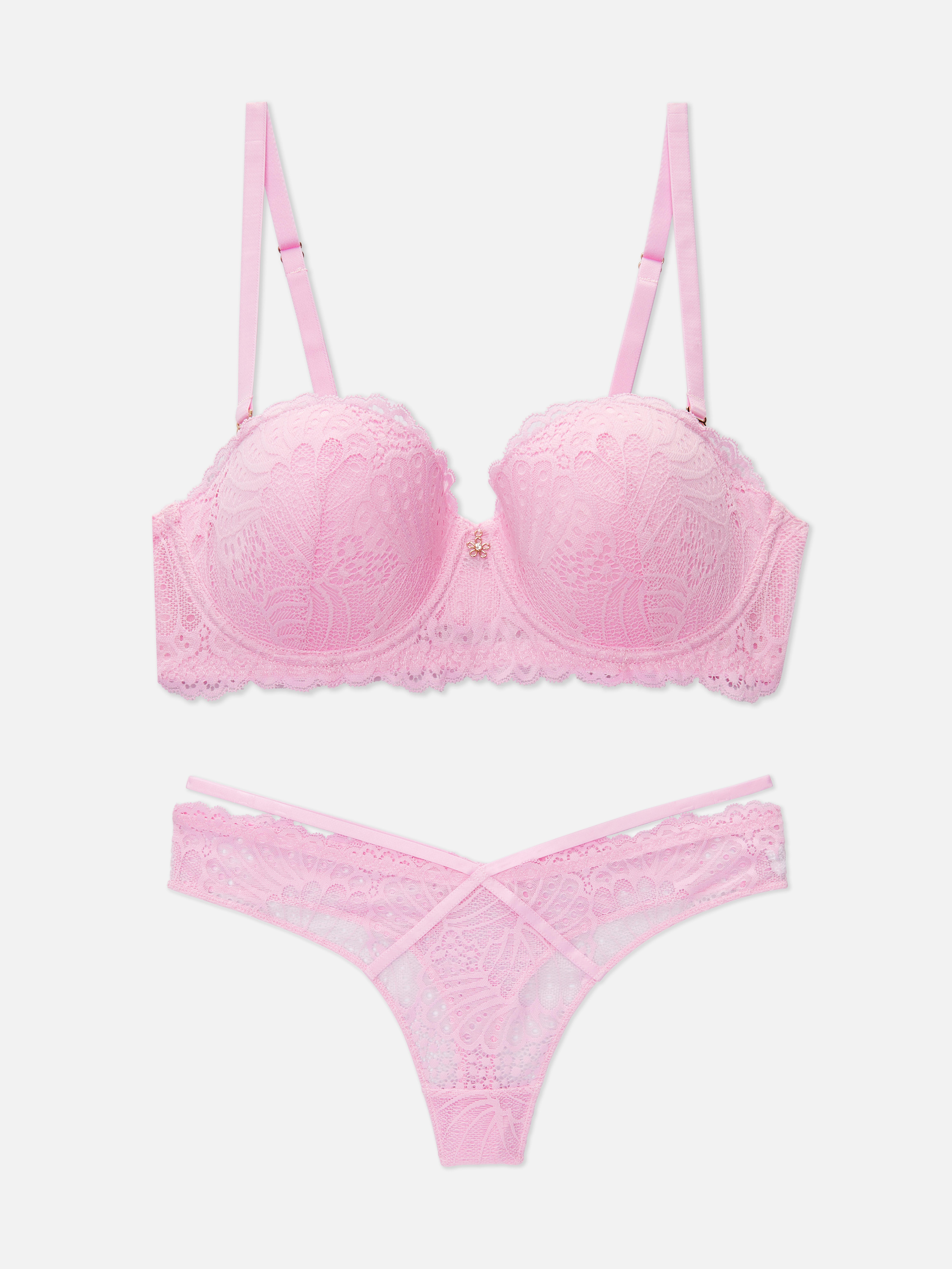Womens Pink Strappy Lace Balcony Bra and Thong Set