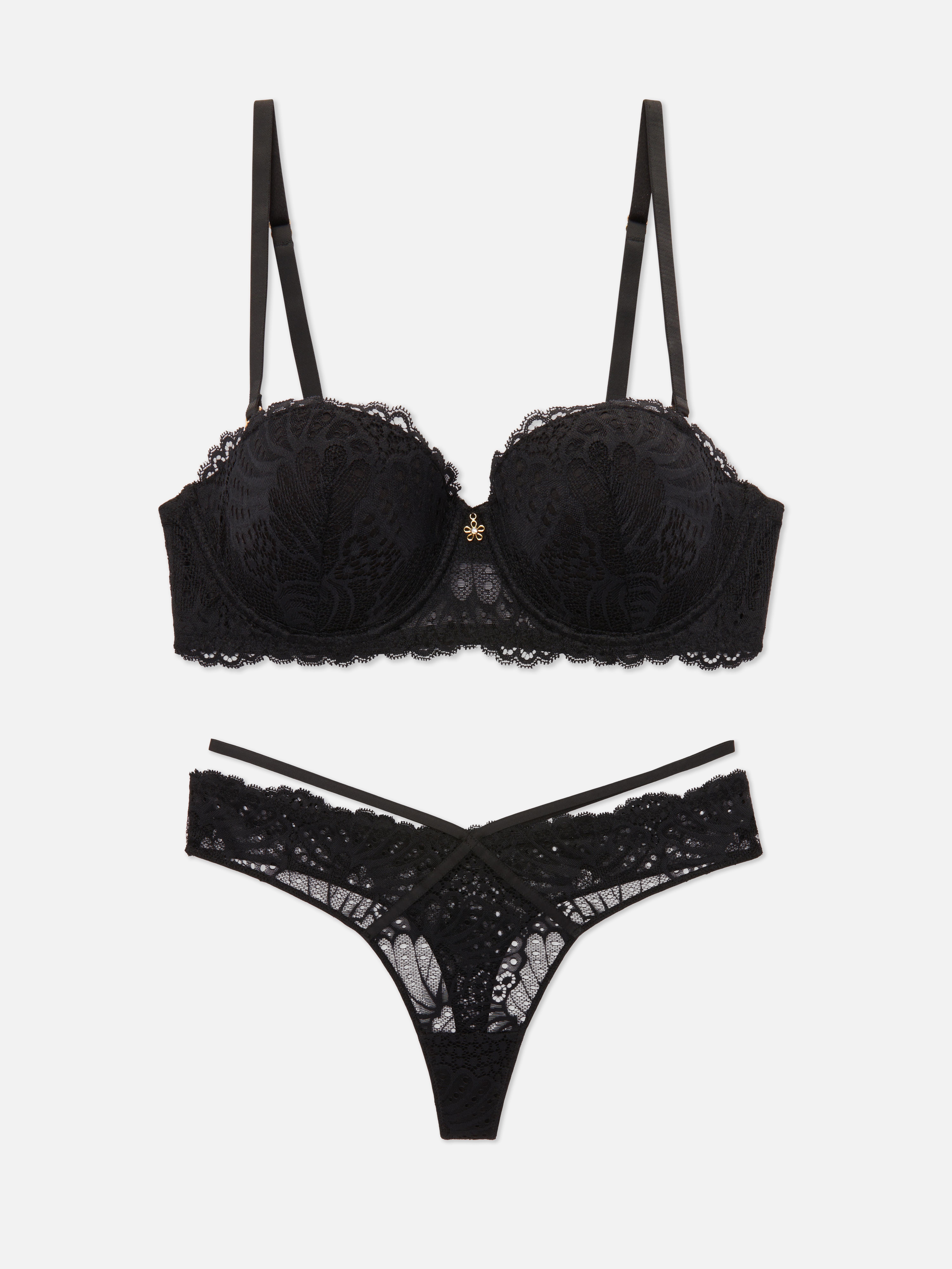 Womens Black Strappy Lace Balcony Bra and Thong Set