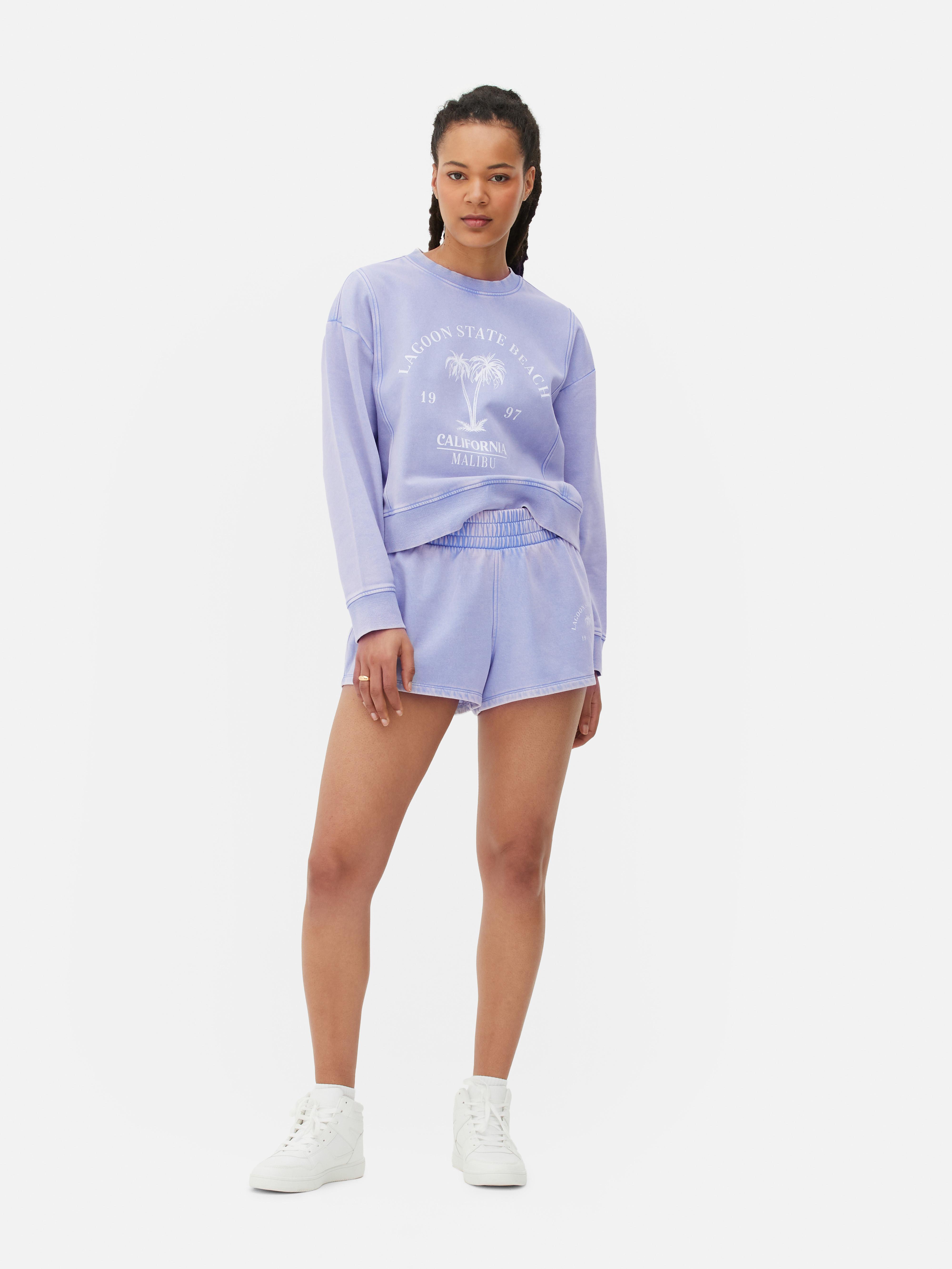 Womens Lilac Co-ord Printed Acid Wash Shorts