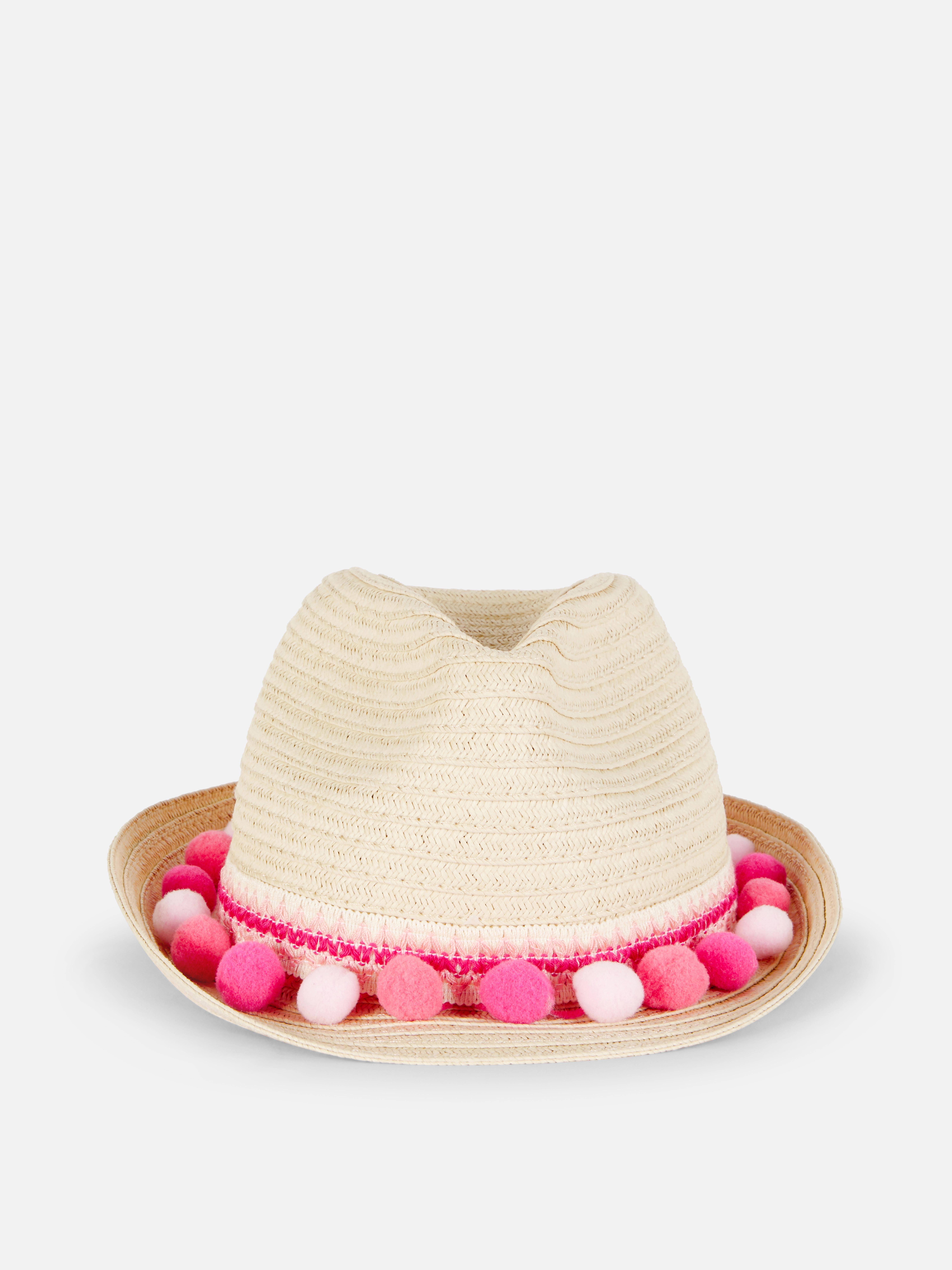 Pompom Trim Straw Hat
