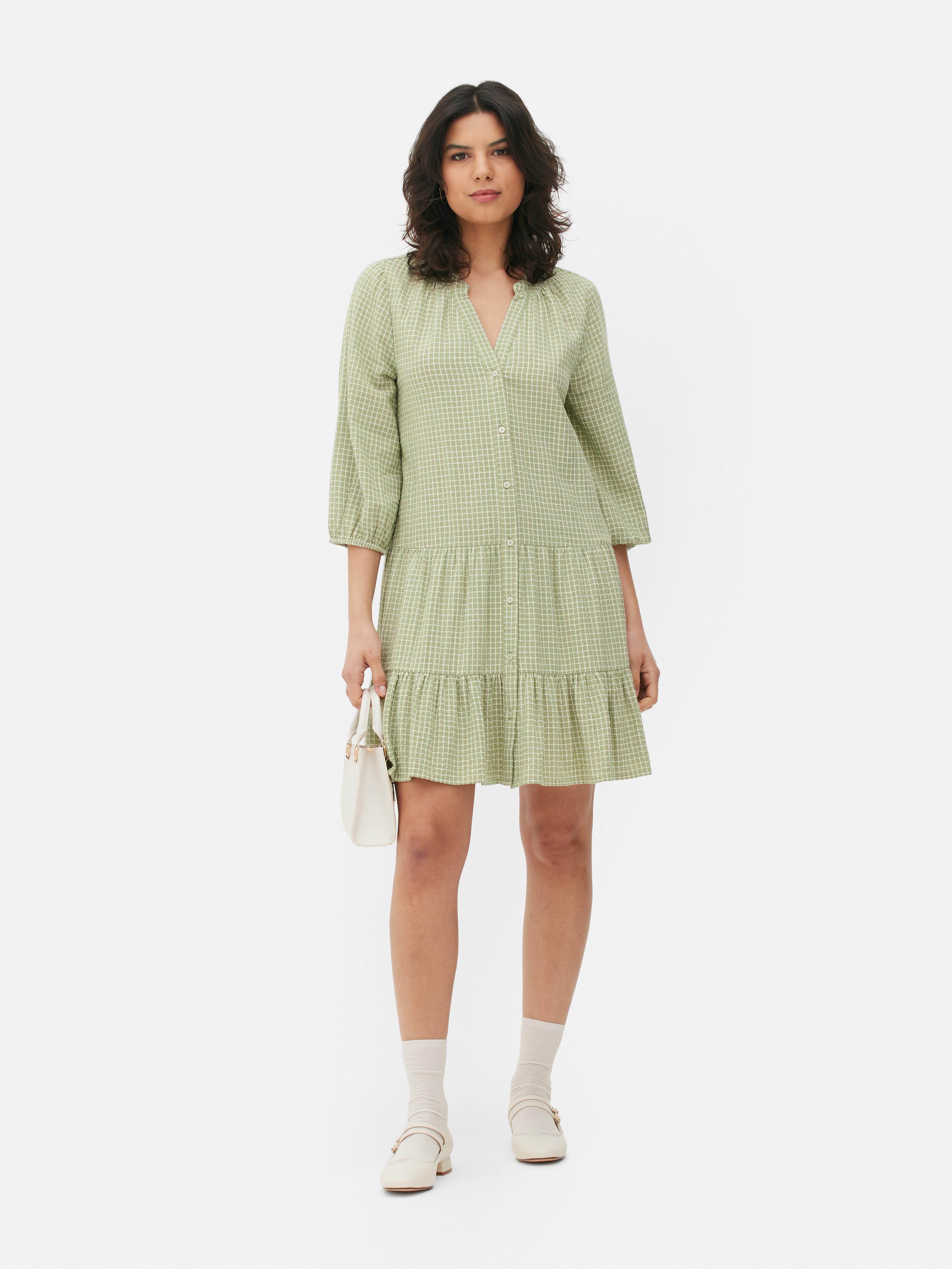 Womens Light Green Gingham Mini Smock Dress